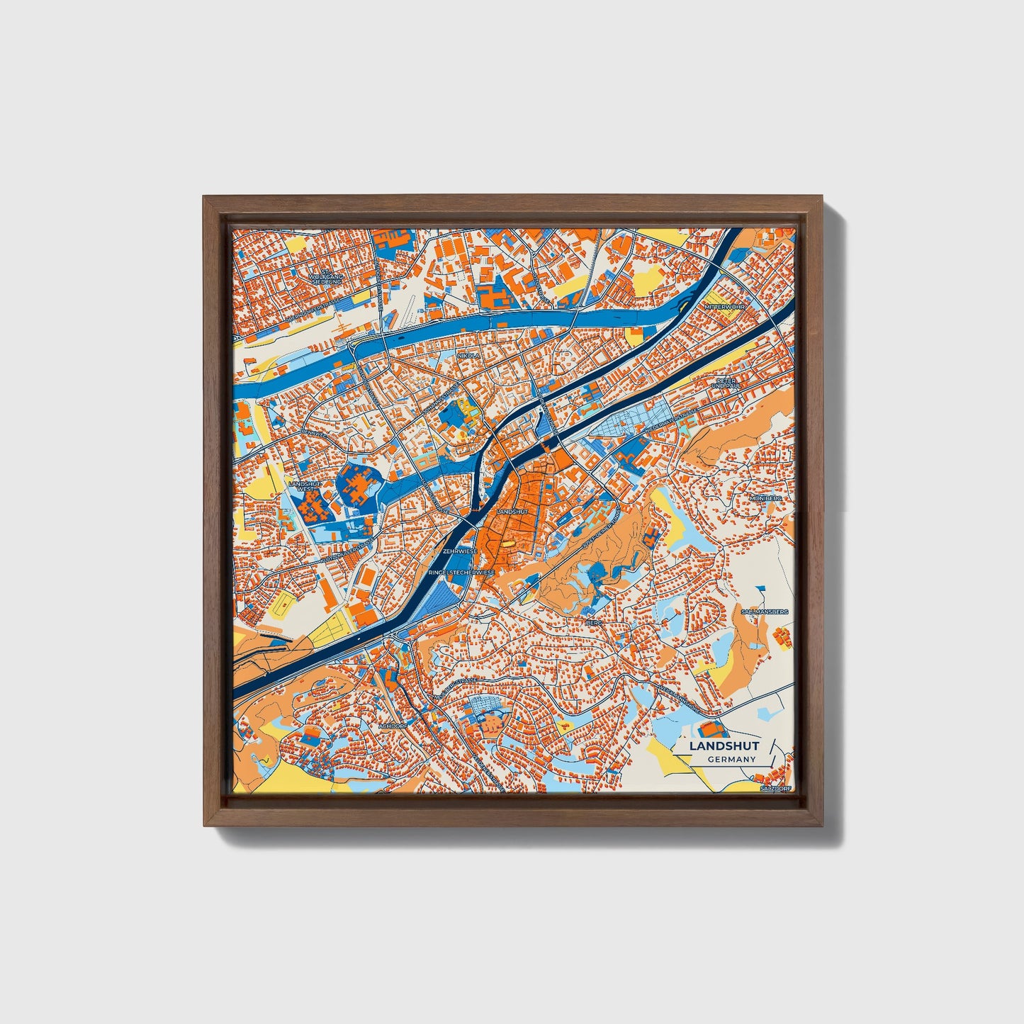 Landshut Germany Colorful City Map Canvas Print • Dark Wooden Framed