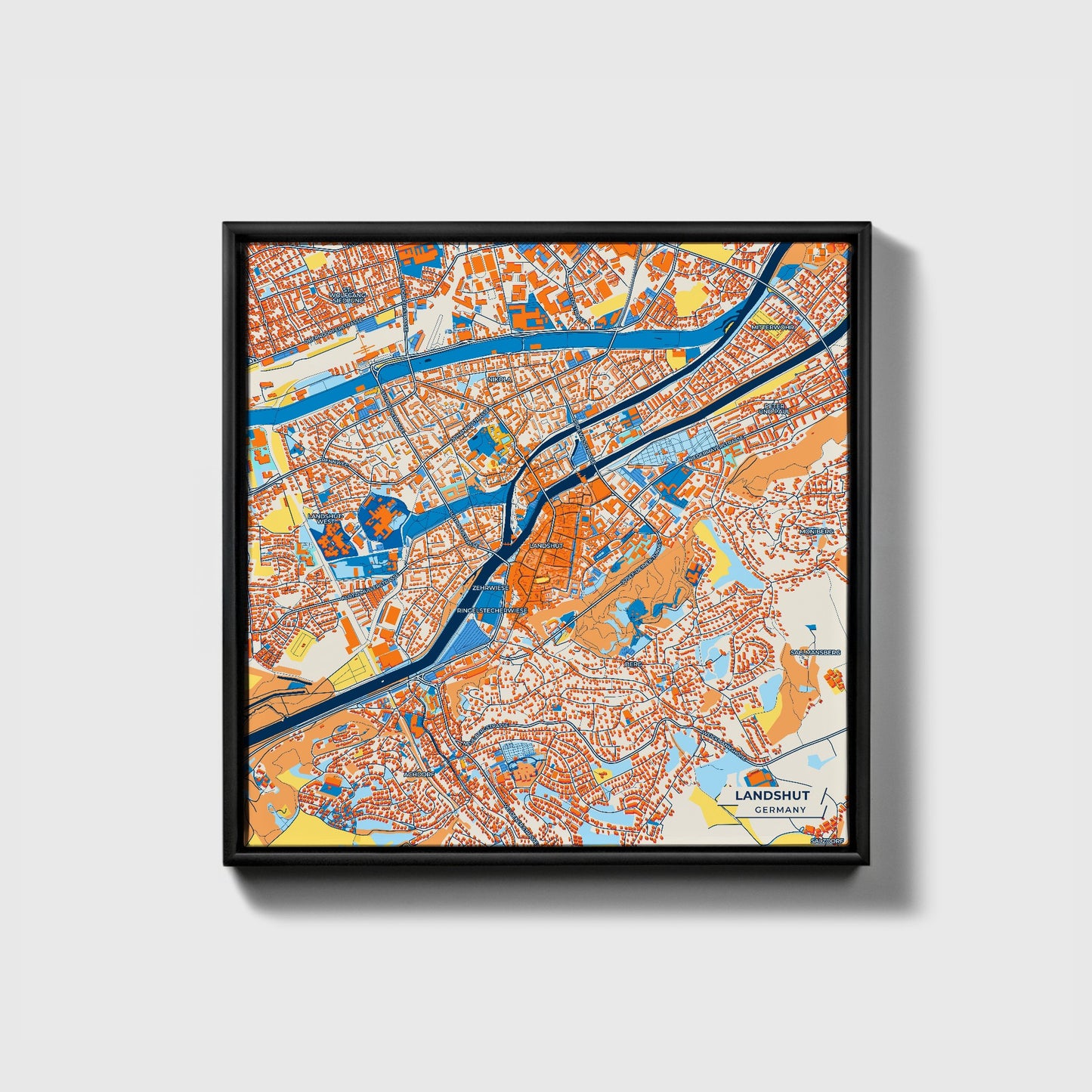 Landshut Germany Colorful City Map Canvas Print • Black Framed