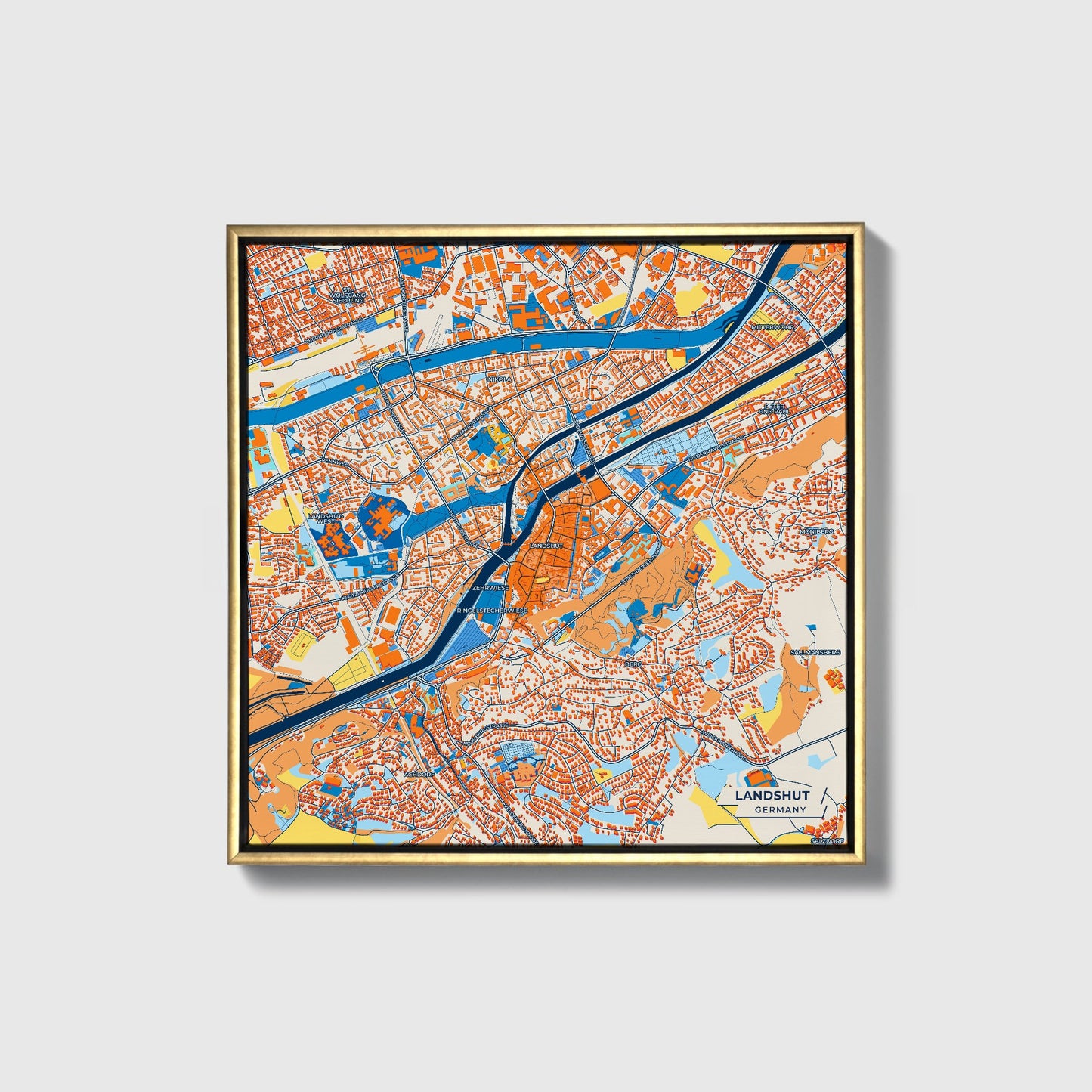 Landshut Germany Colorful City Map Canvas Print • Gold Framed