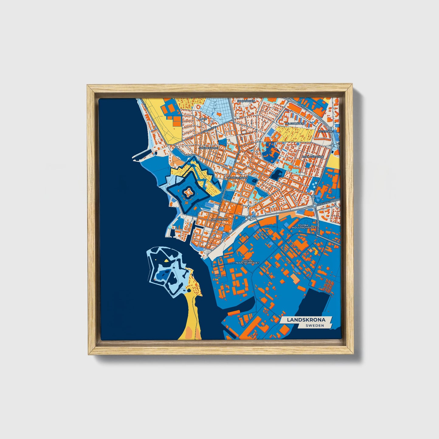 Landskrona Sweden Colorful City Map Canvas Print • Natural Wooden Framed