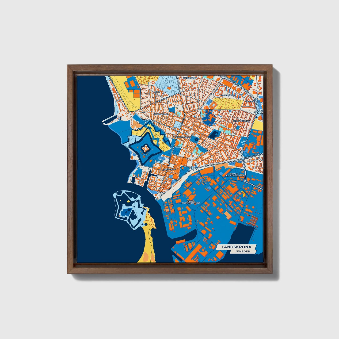 Landskrona Sweden Colorful City Map Canvas Print • Dark Wooden Framed