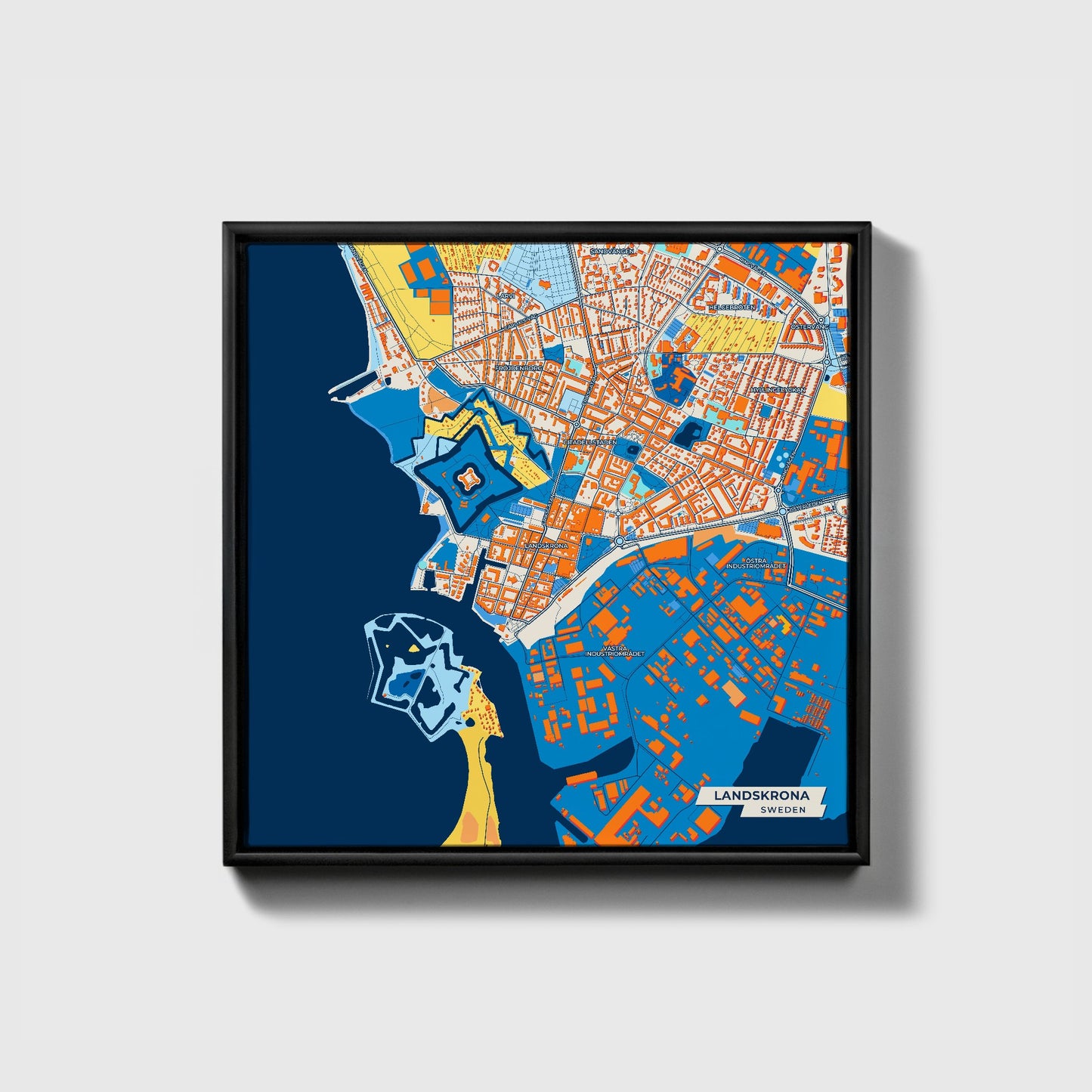 Landskrona Sweden Colorful City Map Canvas Print • Black Framed