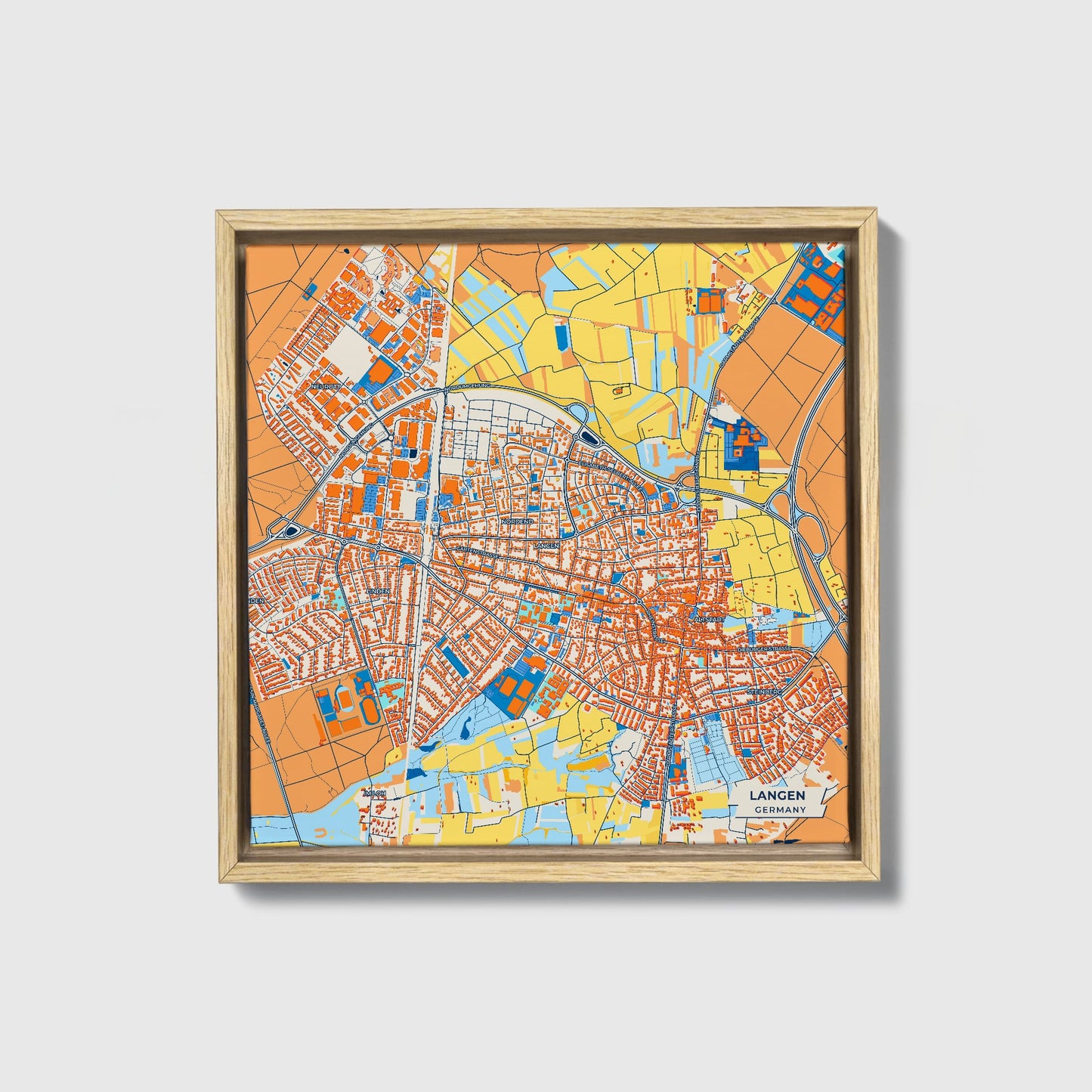 Langen Germany Colorful City Map Canvas Print • Natural Wooden Framed