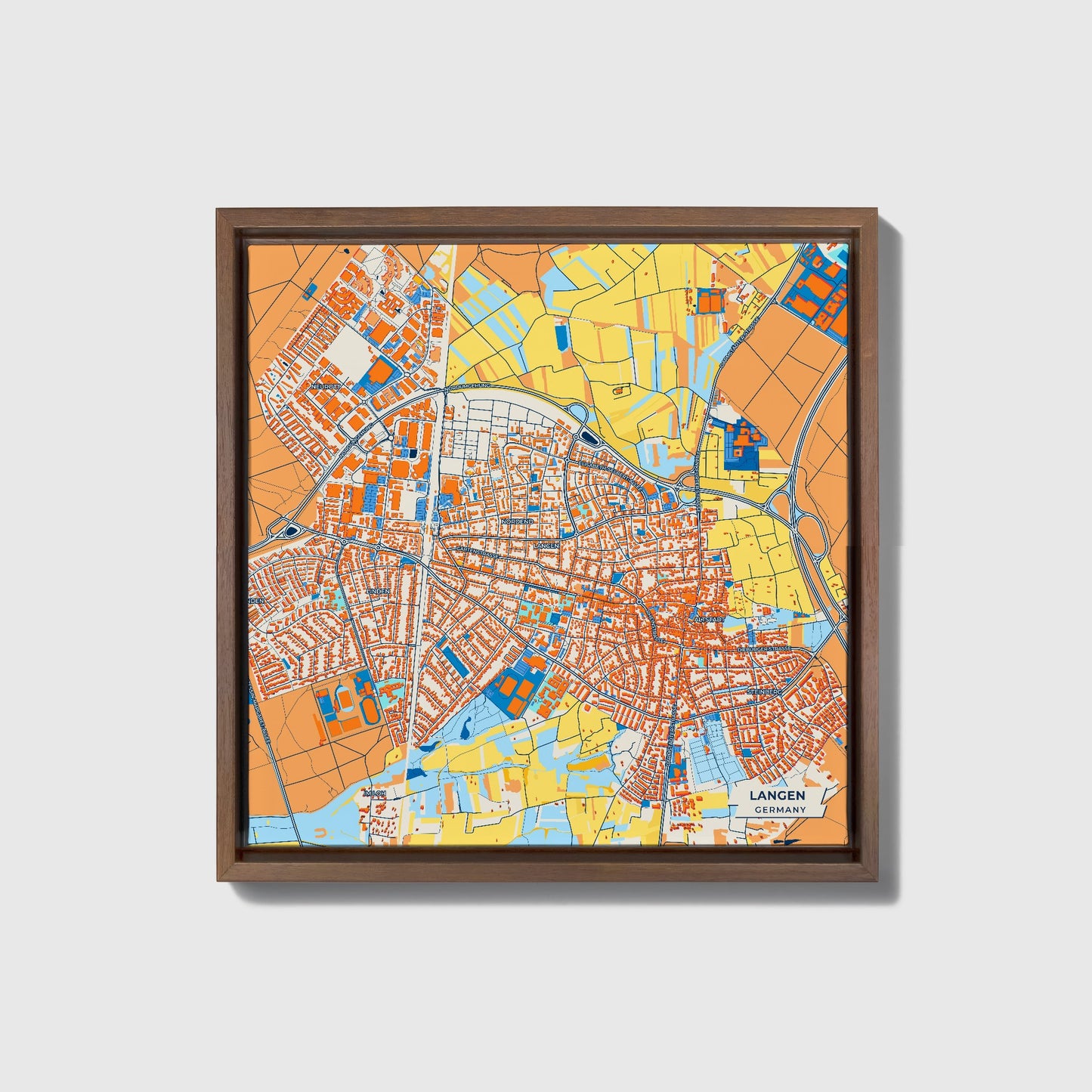 Langen Germany Colorful City Map Canvas Print • Dark Wooden Framed