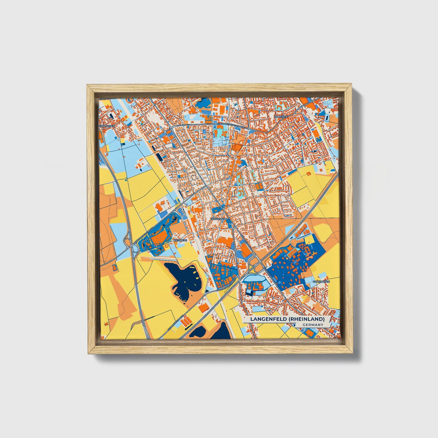 Langenfeld (Rheinland) Germany Colorful City Map Canvas Print • Natural Wooden Framed