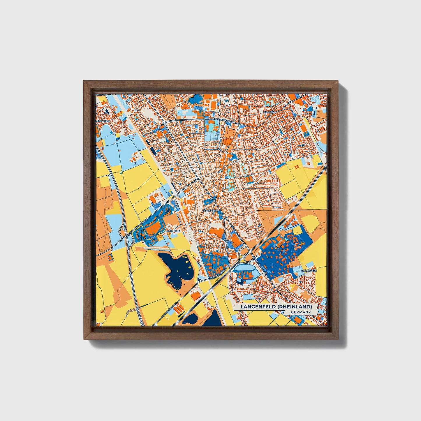 Langenfeld (Rheinland) Germany Colorful City Map Canvas Print • Dark Wooden Framed