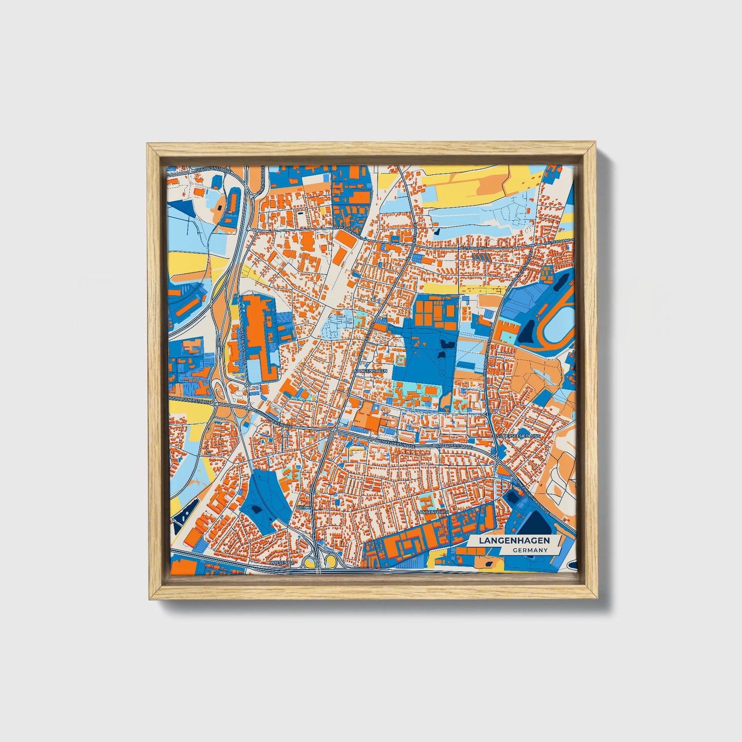 Langenhagen Germany Colorful City Map Canvas Print • Natural Wooden Framed