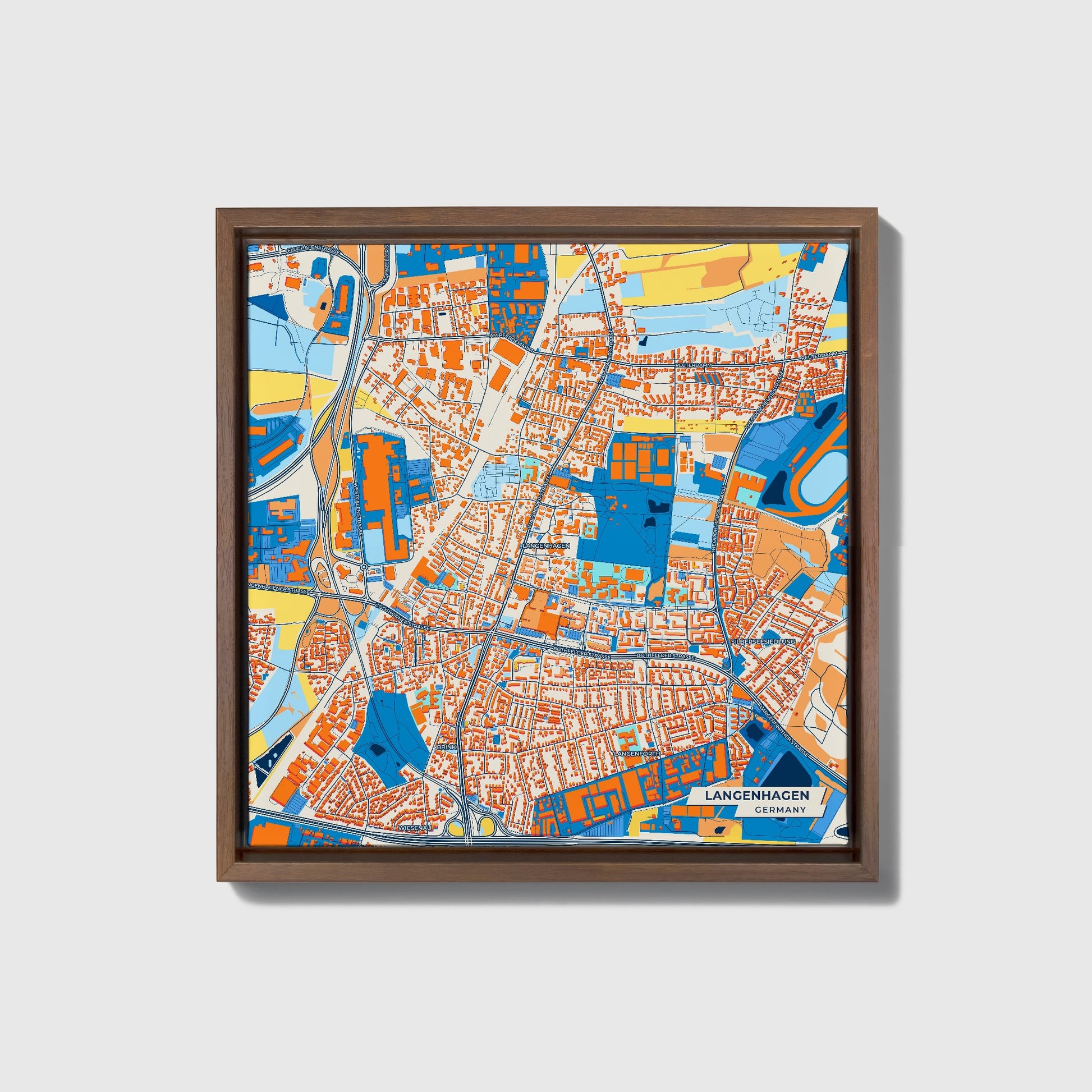 Langenhagen Germany Colorful City Map Canvas Print • Dark Wooden Framed