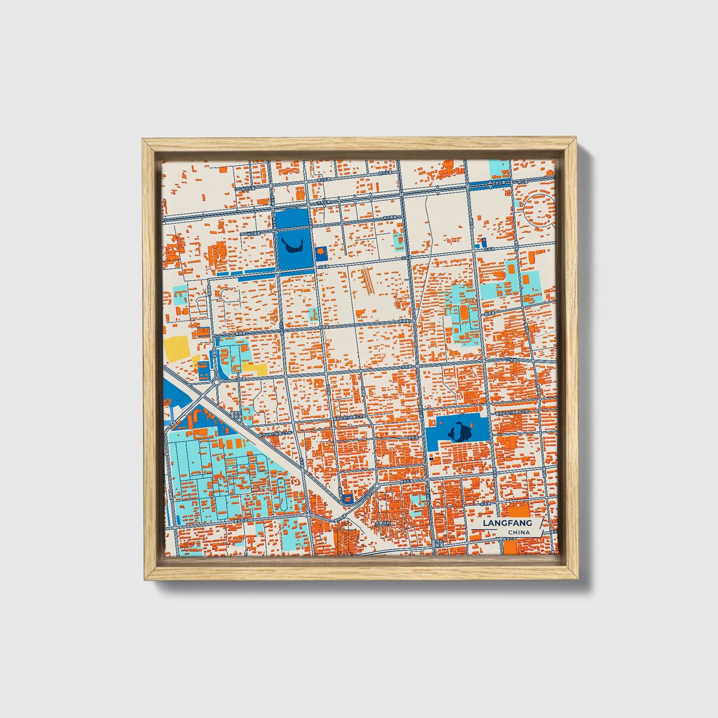 Langfang China Colorful City Map Canvas Print • Natural Wooden Framed