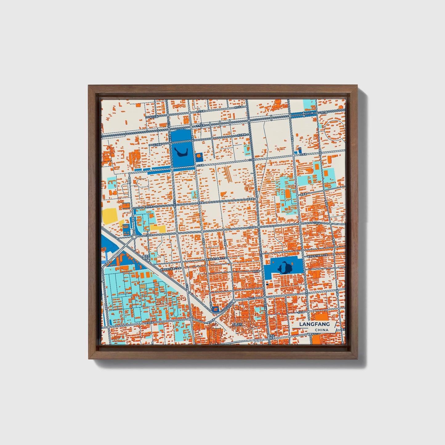 Langfang China Colorful City Map Canvas Print • Dark Wooden Framed