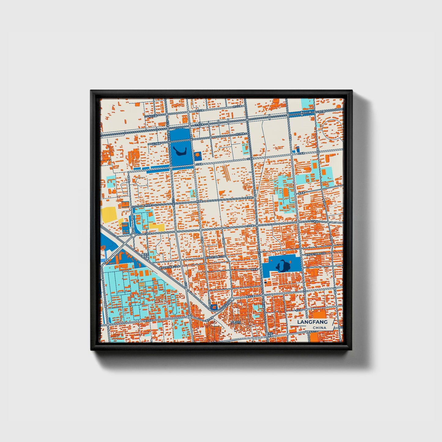 Langfang China Colorful City Map Canvas Print • Black Framed