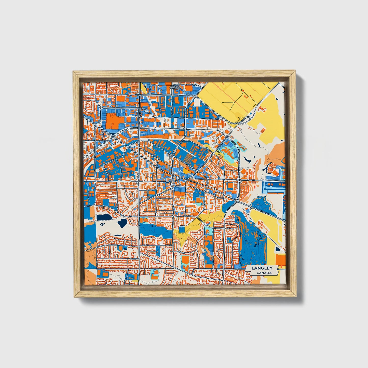 Langley Canada Colorful City Map Canvas Print • Natural Wooden Framed