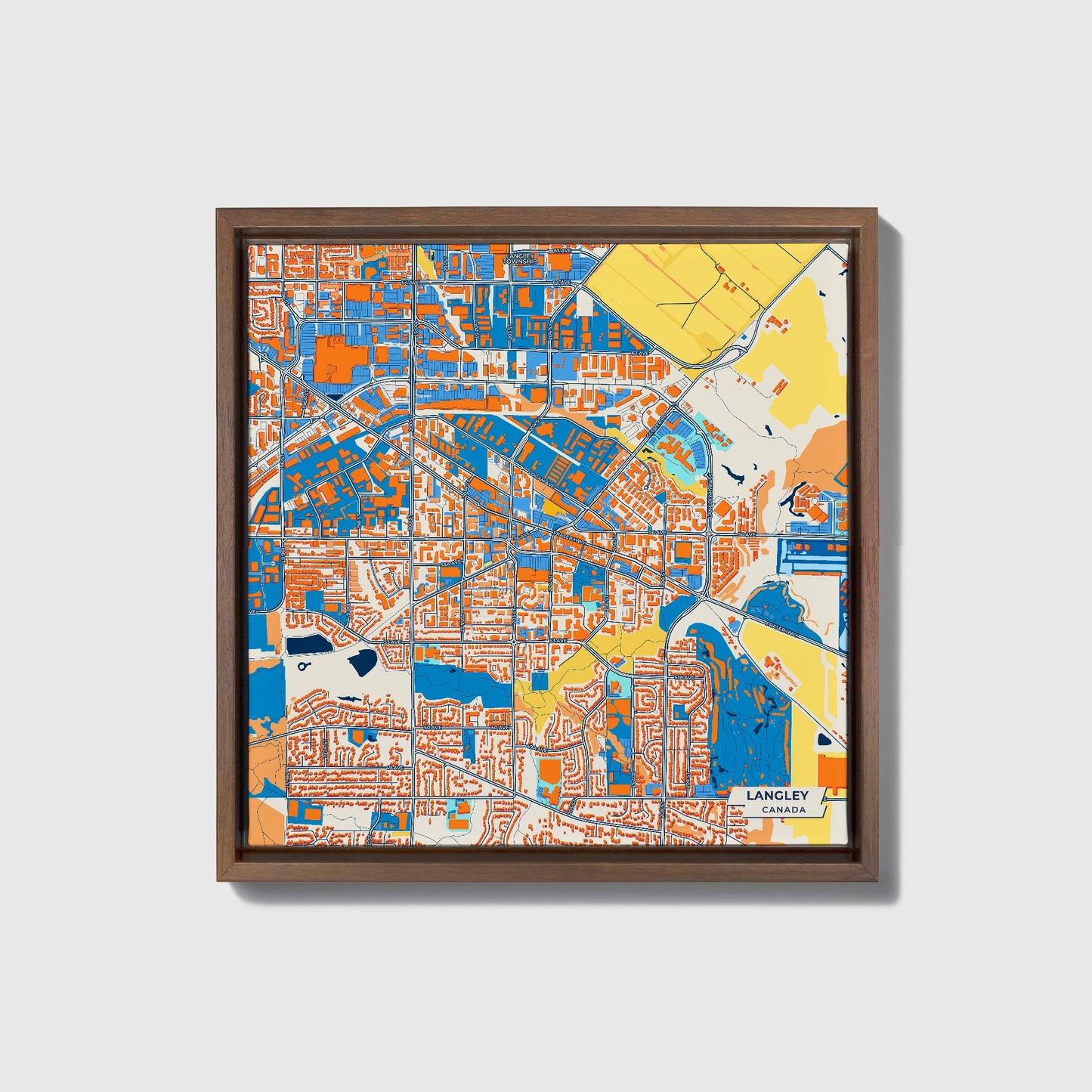 Langley Canada Colorful City Map Canvas Print • Dark Wooden Framed