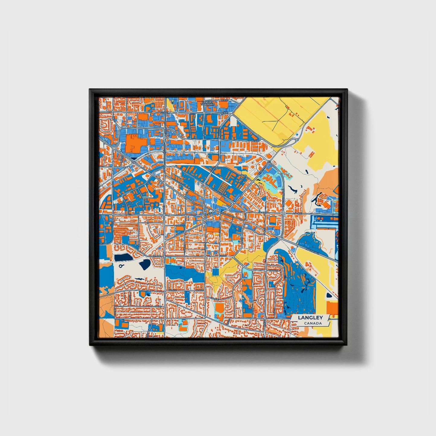 Langley Canada Colorful City Map Canvas Print • Black Framed