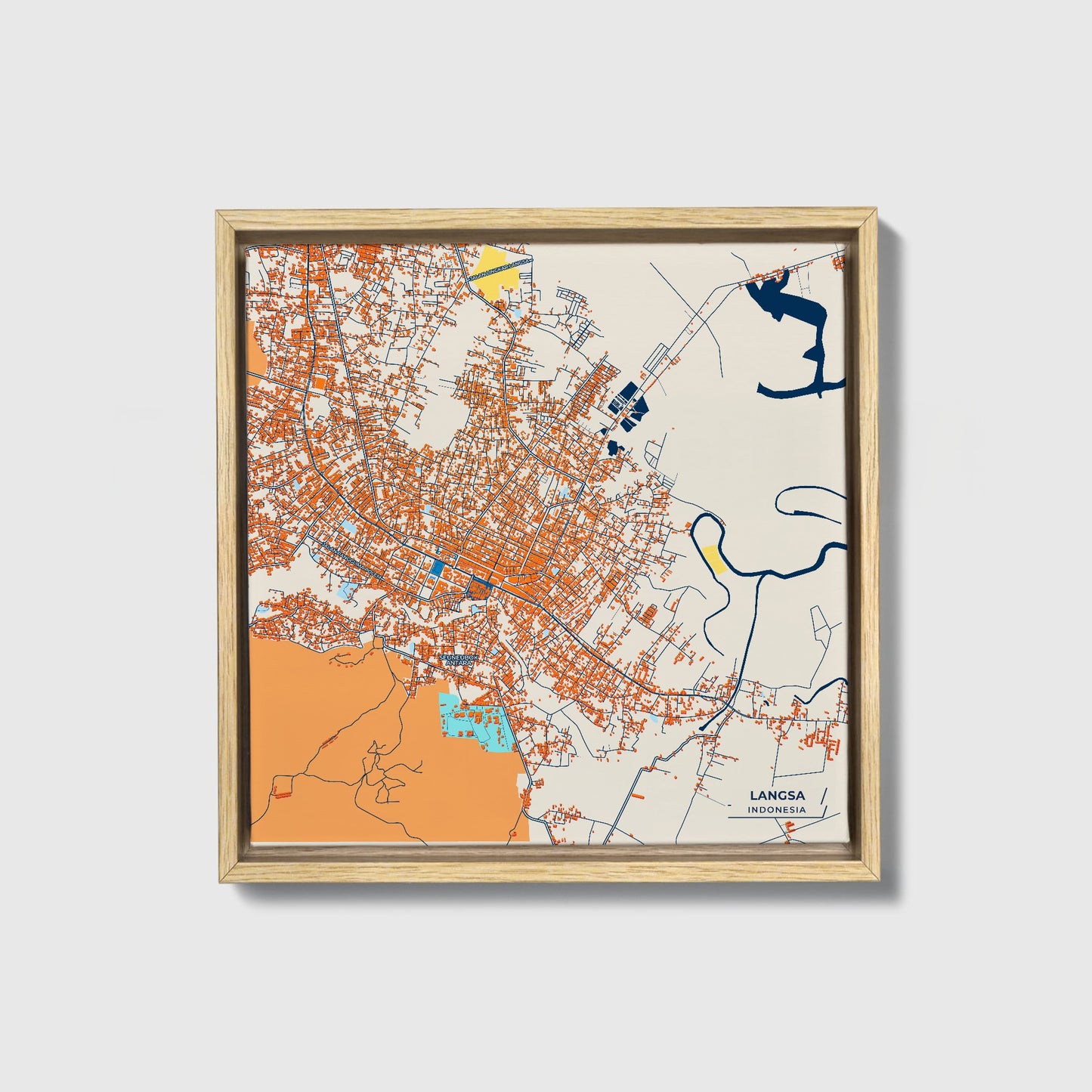 Langsa Indonesia Colorful City Map Canvas Print • Natural Wooden Framed