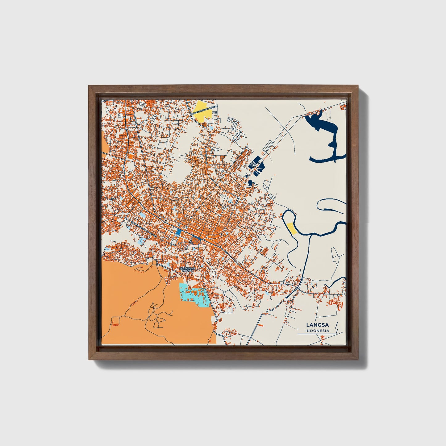 Langsa Indonesia Colorful City Map Canvas Print • Dark Wooden Framed