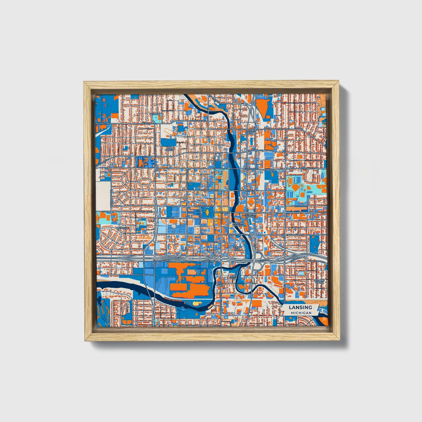 Lansing Michigan Colorful City Map Canvas Print • Natural Wooden Framed