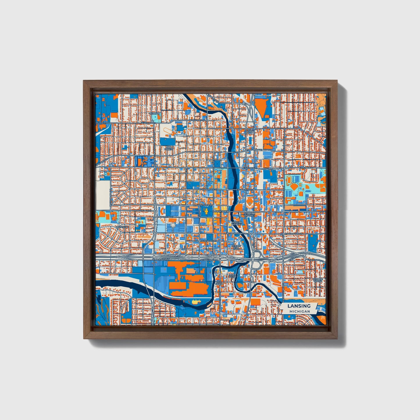 Lansing Michigan Colorful City Map Canvas Print • Dark Wooden Framed