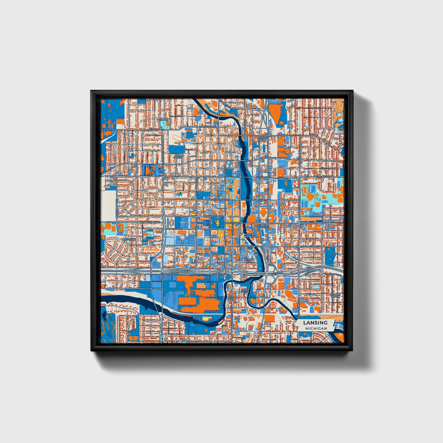 Lansing Michigan Colorful City Map Canvas Print • Black Framed