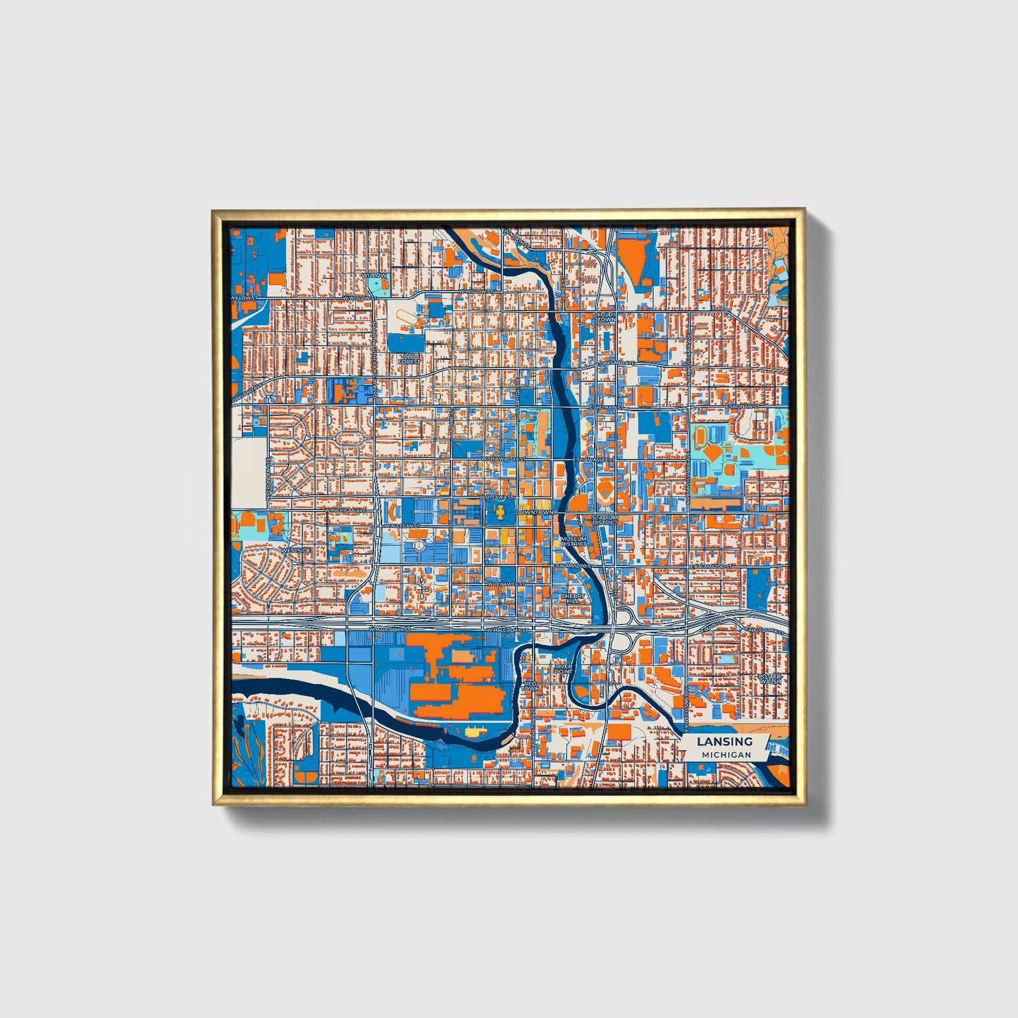 Lansing Michigan Colorful City Map Canvas Print • Gold Framed