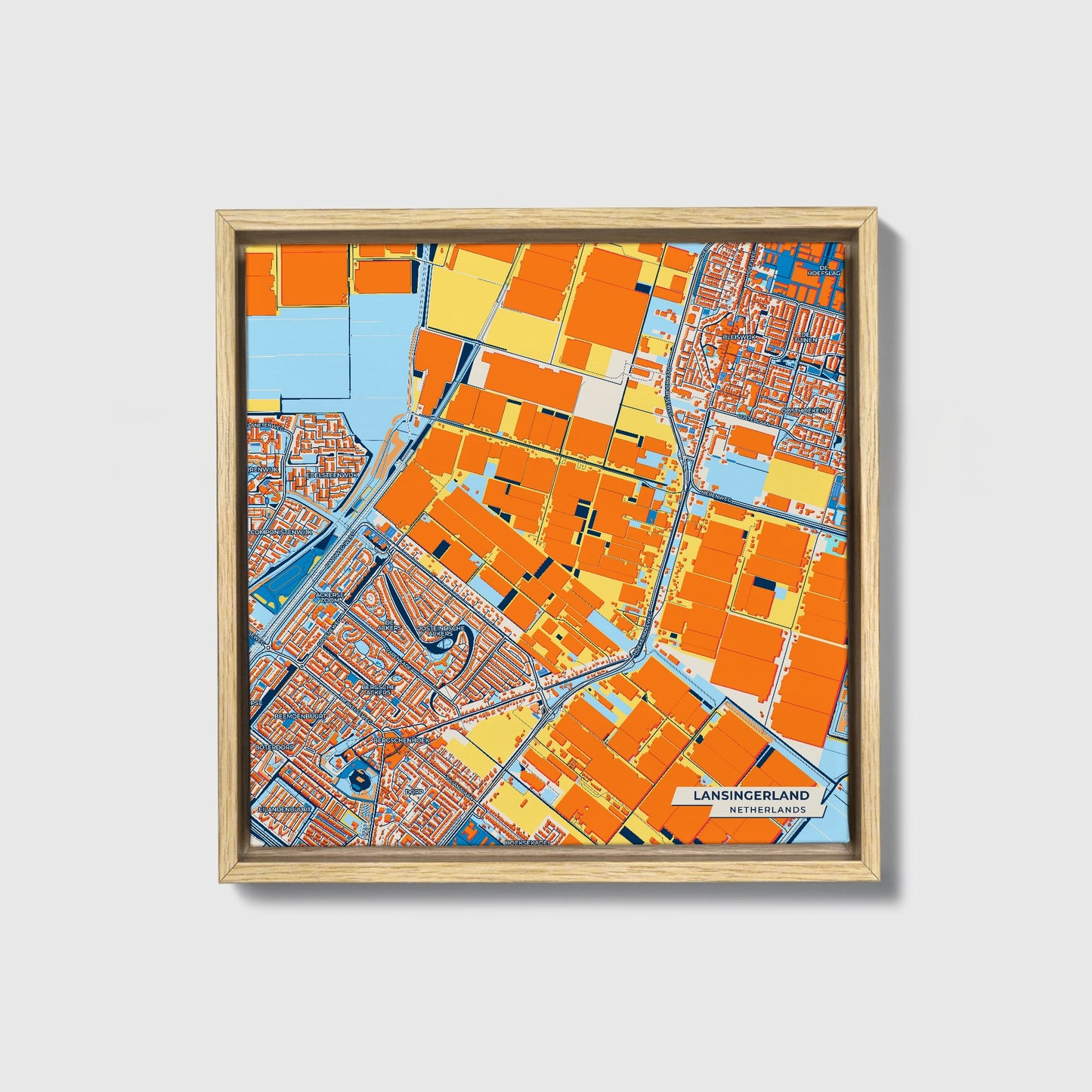 Lansingerland Netherlands Colorful City Map Canvas Print • Natural Wooden Framed