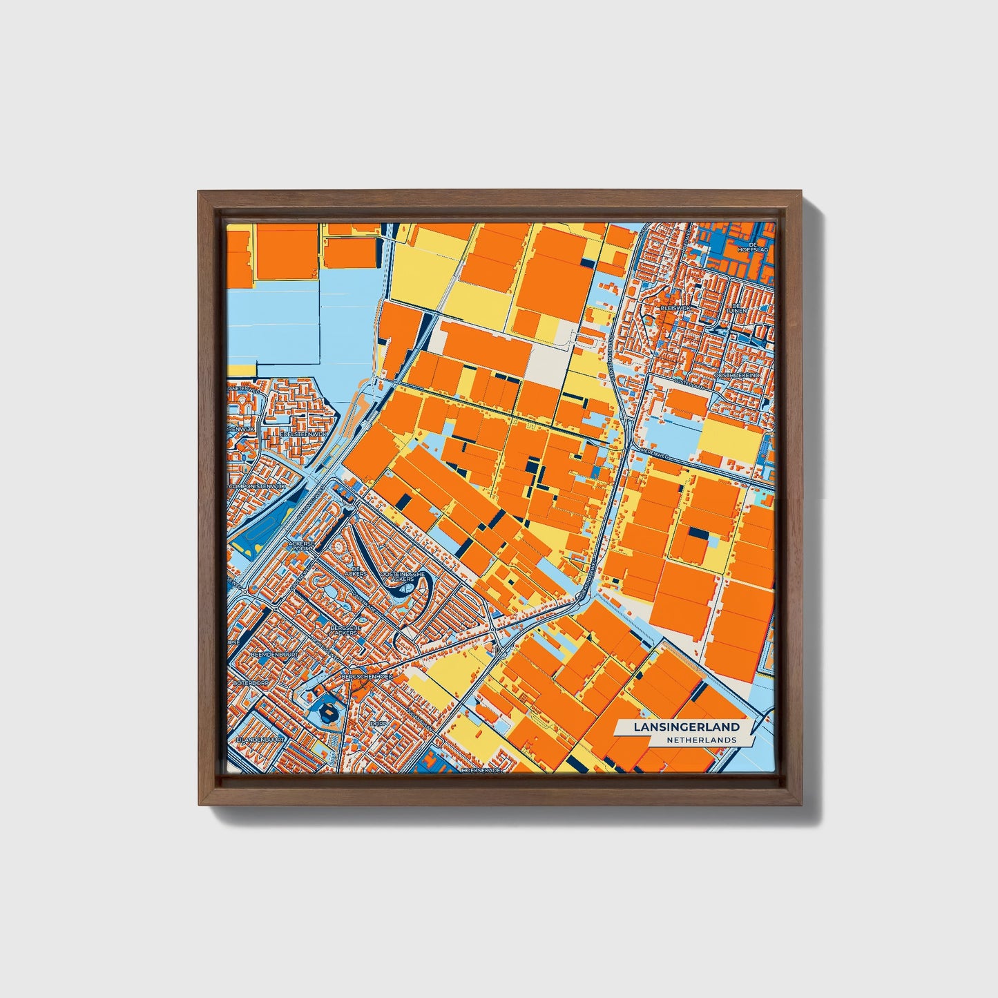 Lansingerland Netherlands Colorful City Map Canvas Print • Dark Wooden Framed