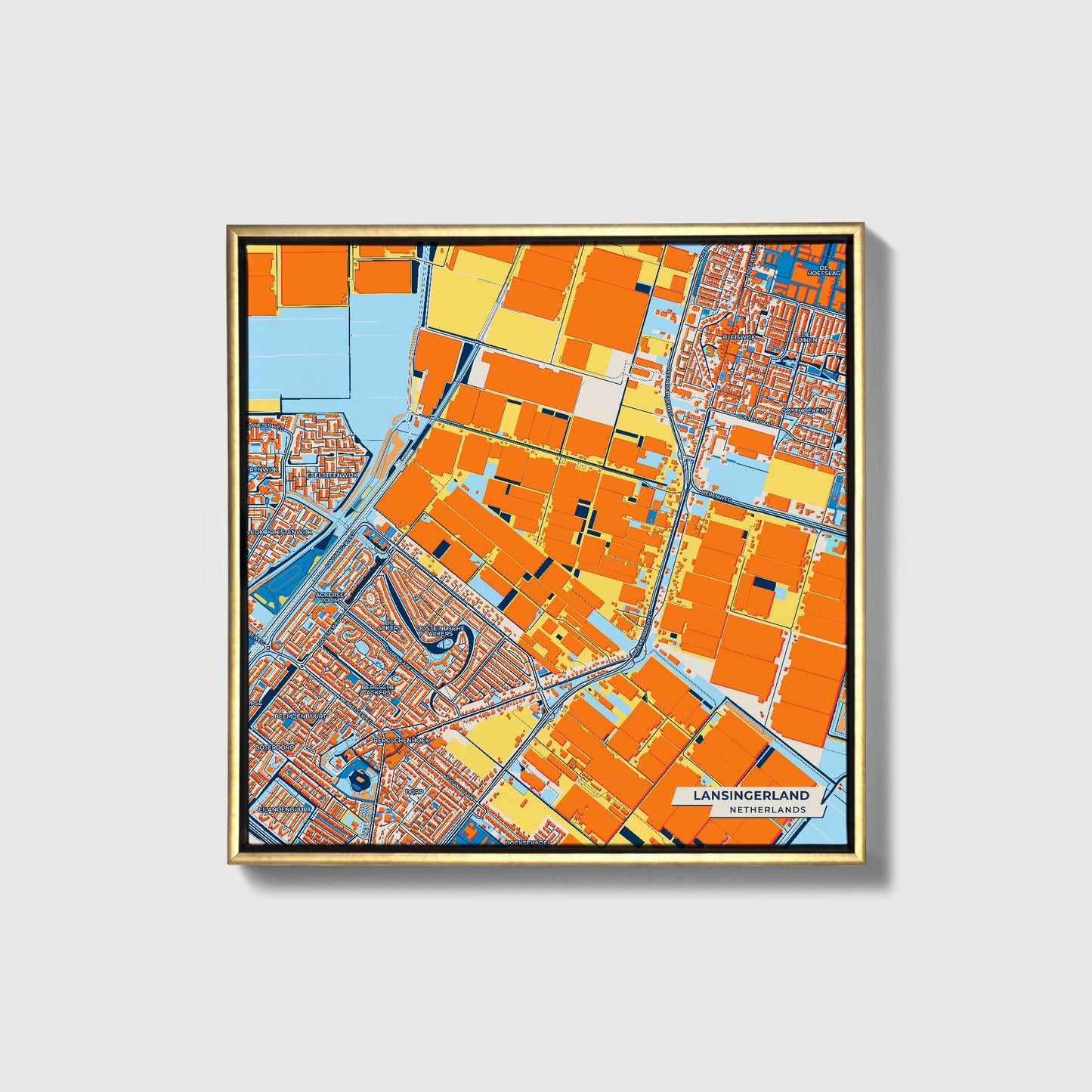 Lansingerland Netherlands Colorful City Map Canvas Print • Gold Framed