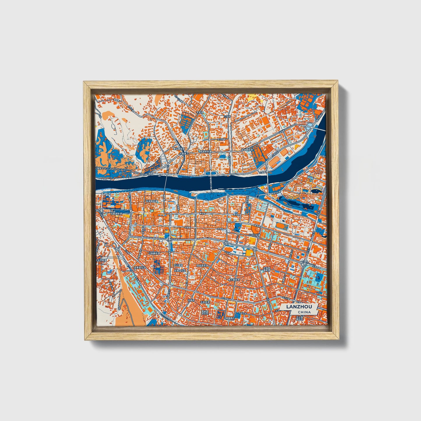 Lanzhou China Colorful City Map Canvas Print • Natural Wooden Framed