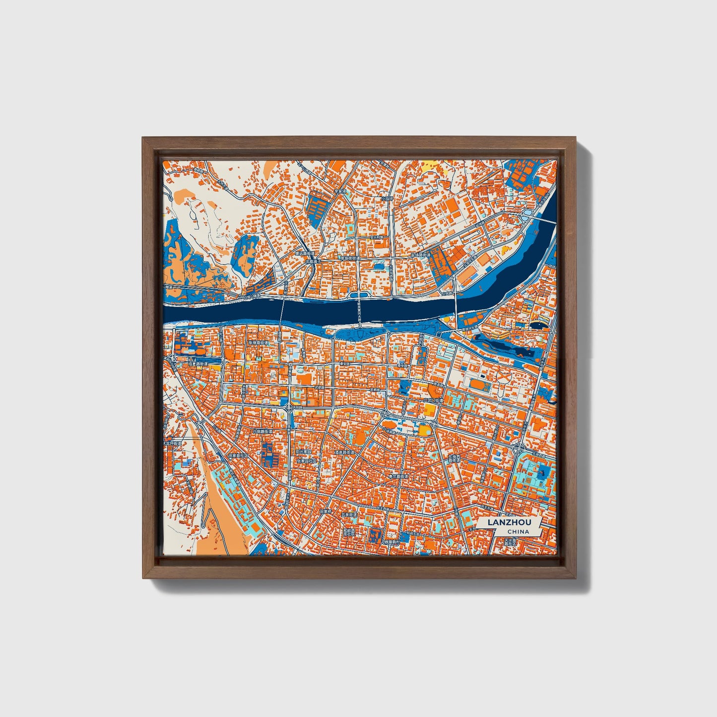 Lanzhou China Colorful City Map Canvas Print • Dark Wooden Framed