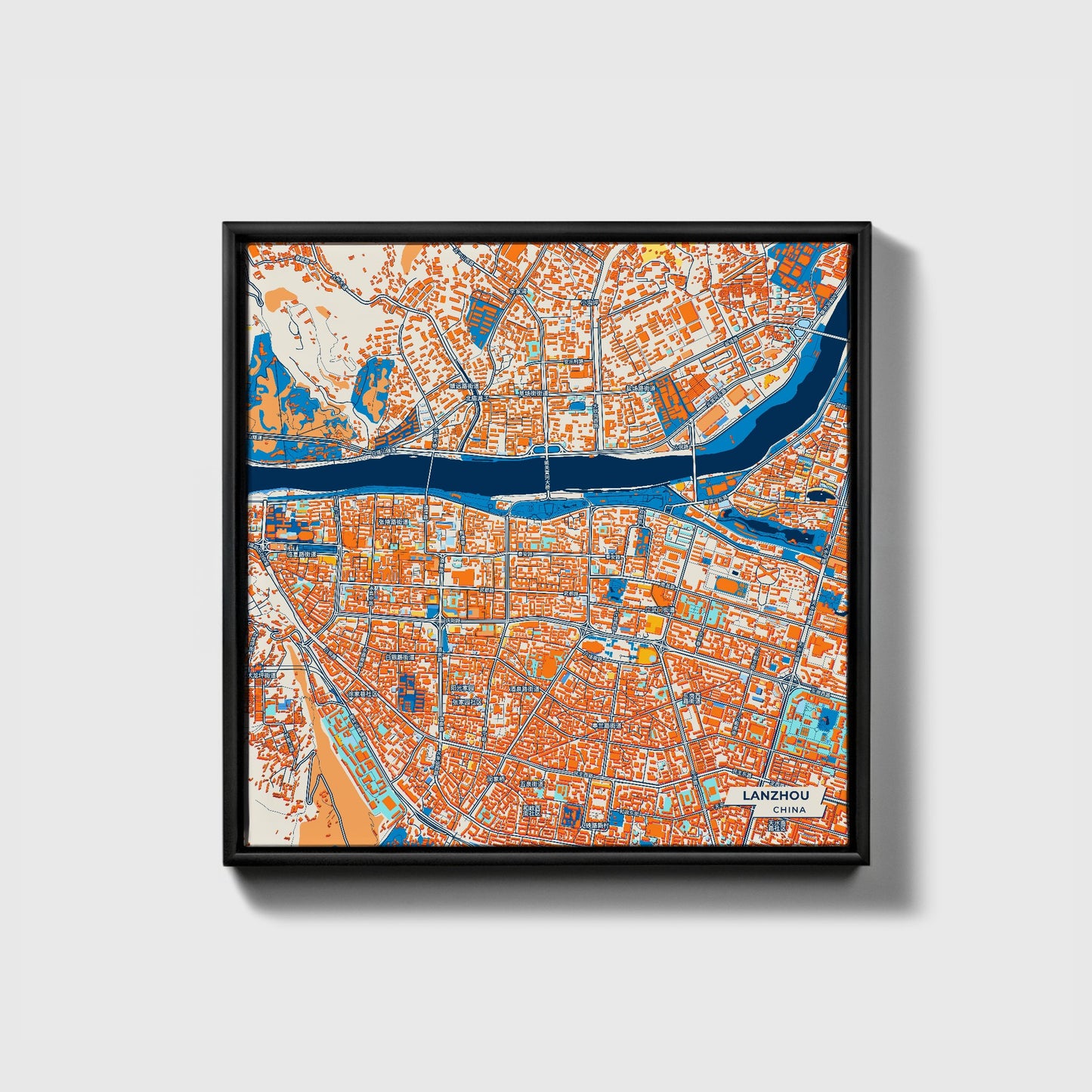 Lanzhou China Colorful City Map Canvas Print • Black Framed