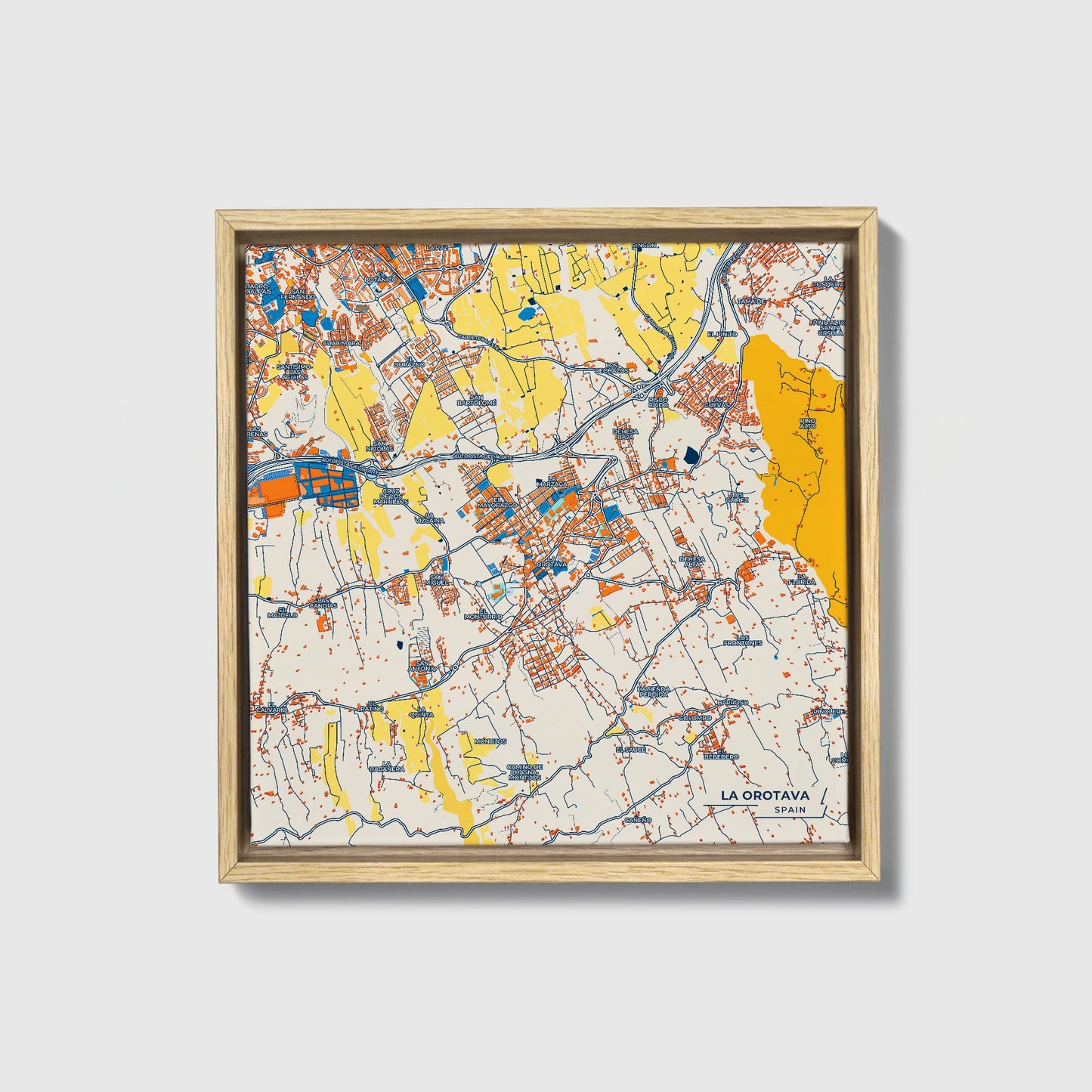 La Orotava Spain Colorful City Map Canvas Print • Natural Wooden Framed