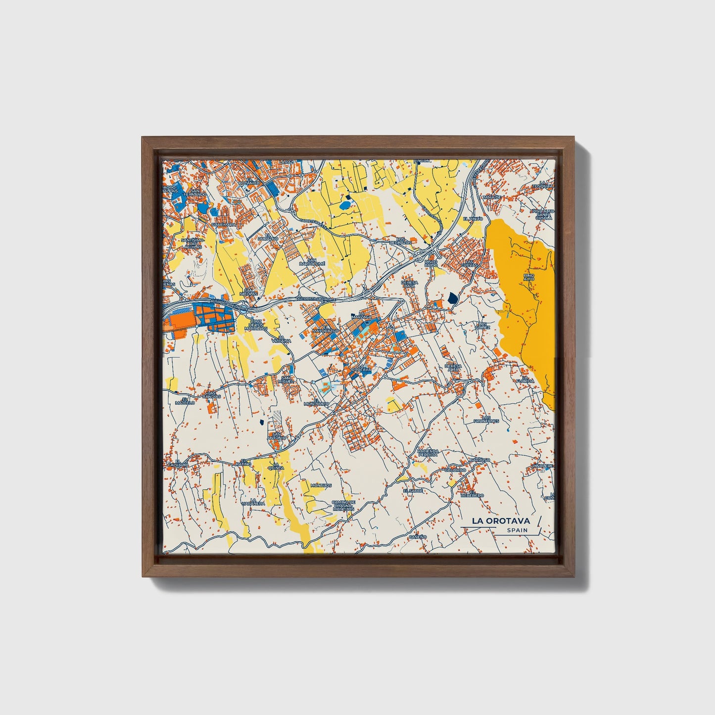 La Orotava Spain Colorful City Map Canvas Print • Dark Wooden Framed