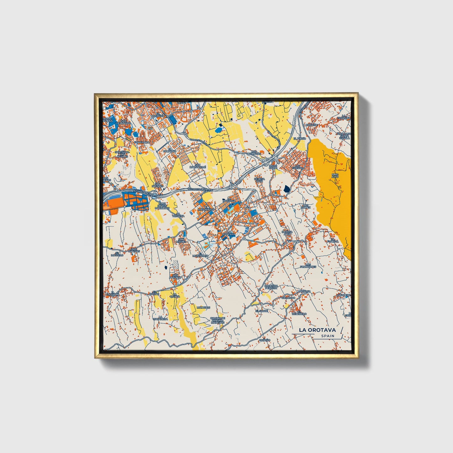 La Orotava Spain Colorful City Map Canvas Print • Gold Framed