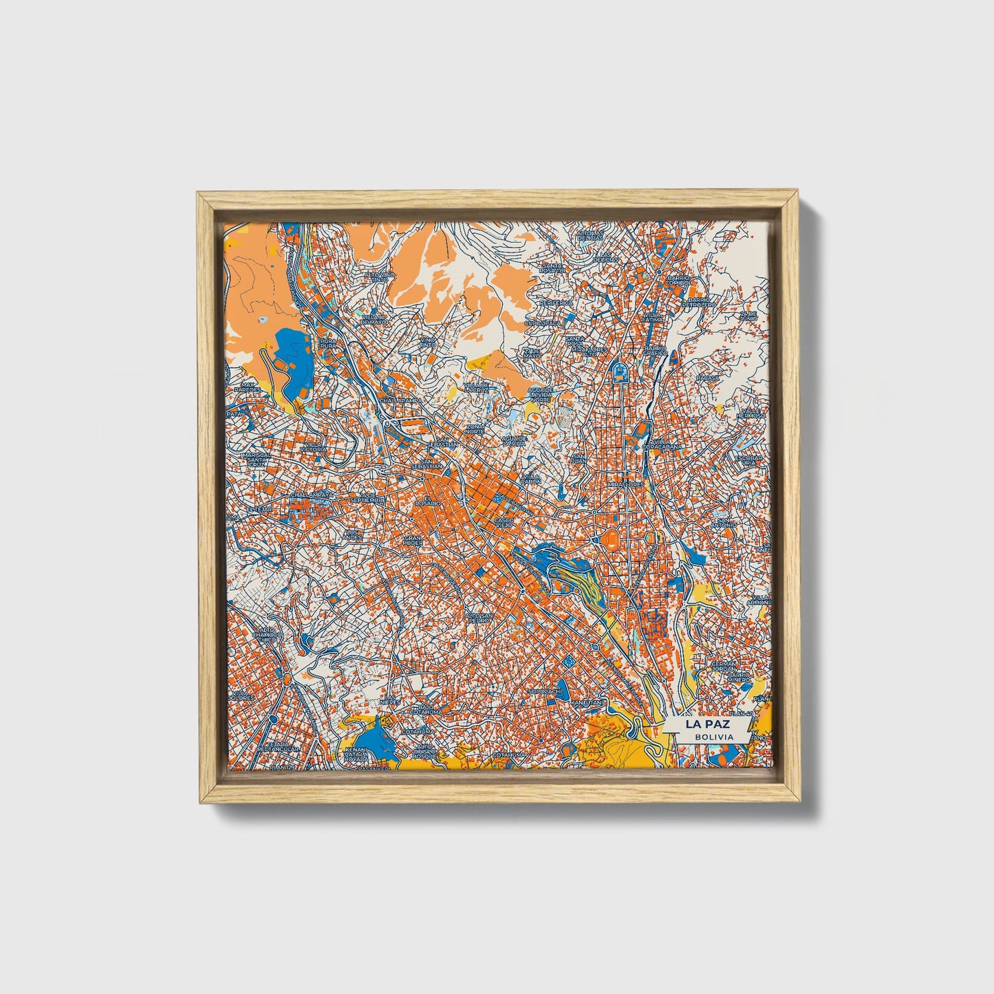 La Paz Bolivia Colorful City Map Canvas Print • Natural Wooden Framed
