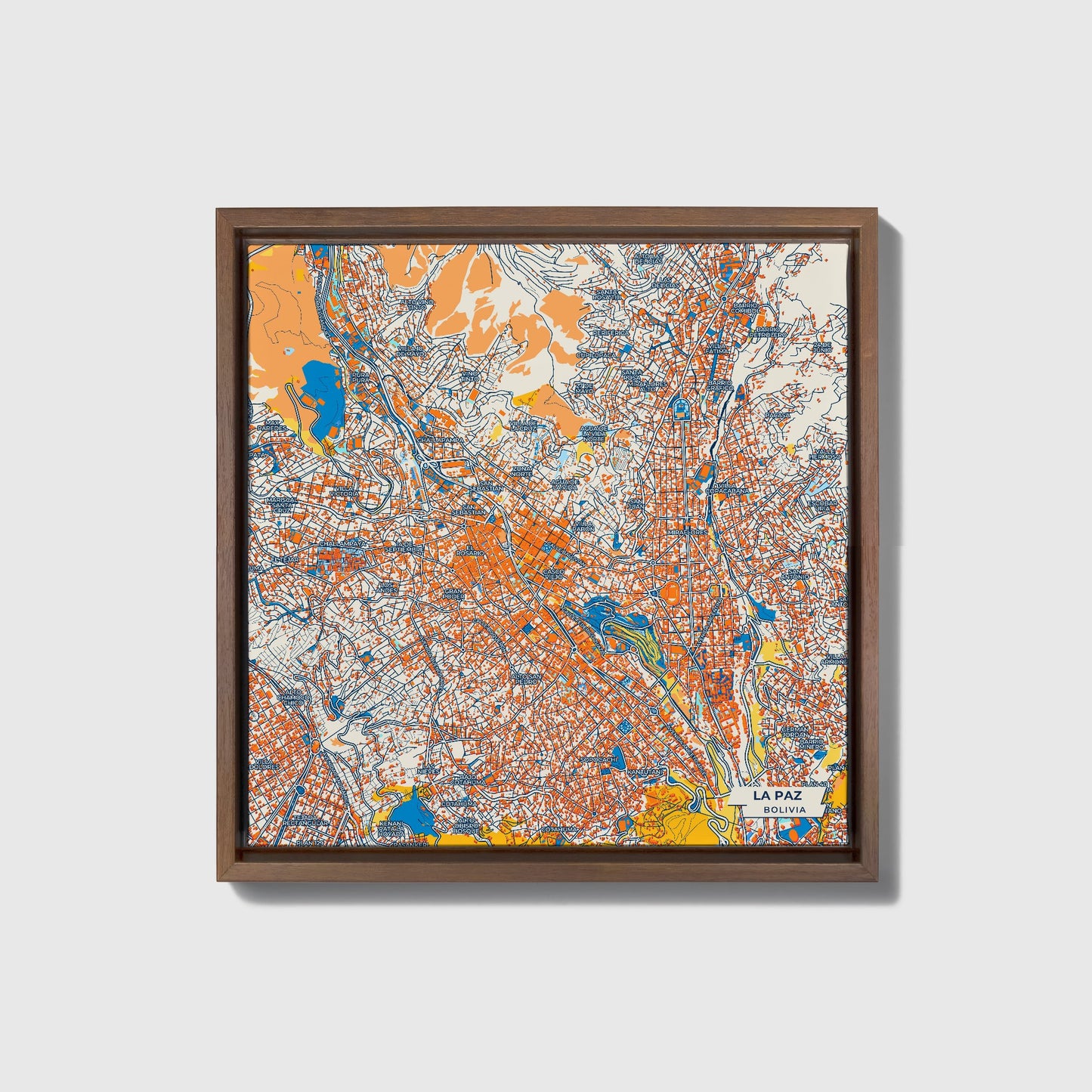 La Paz Bolivia Colorful City Map Canvas Print • Dark Wooden Framed