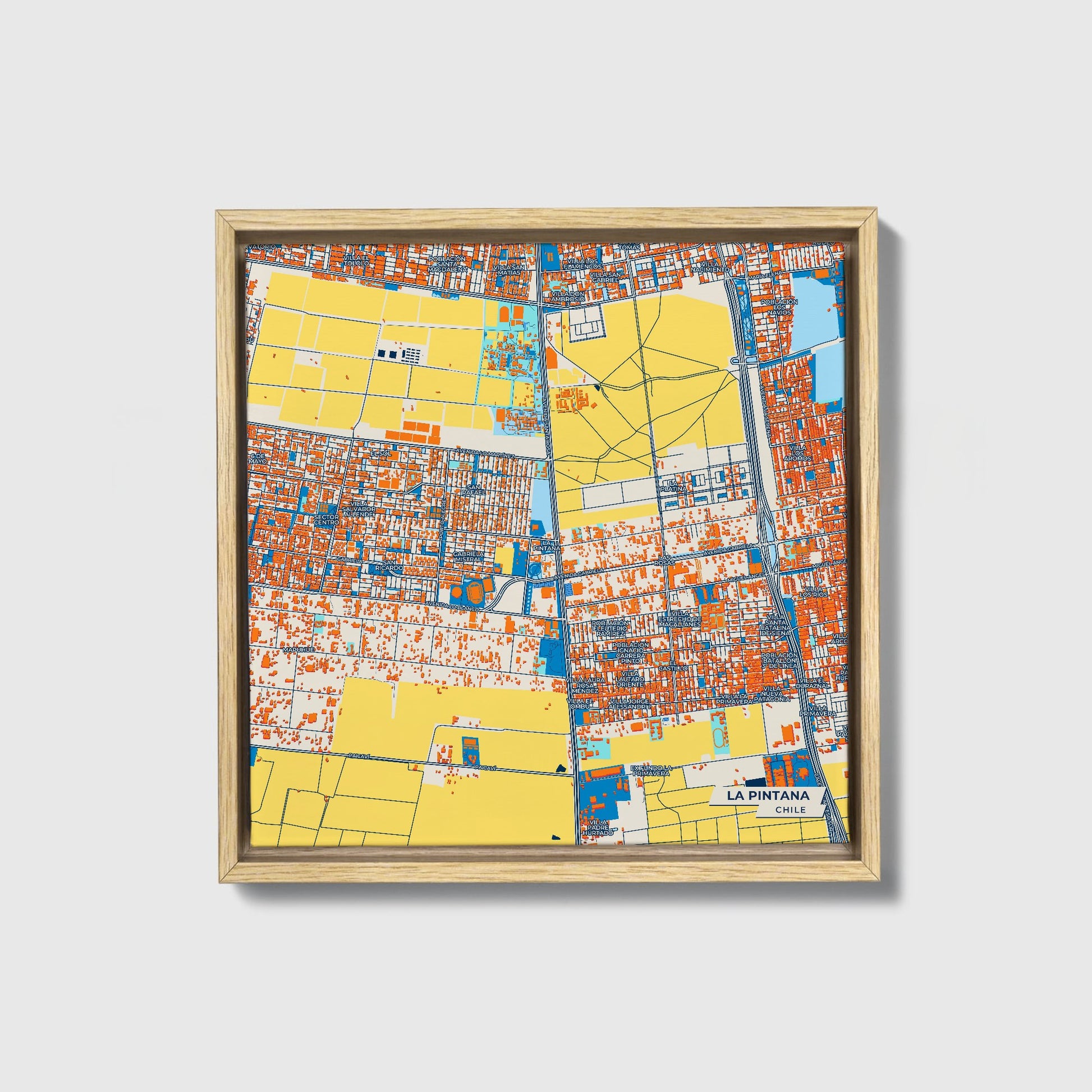 La Pintana Chile Colorful City Map Canvas Print • Natural Wooden Framed