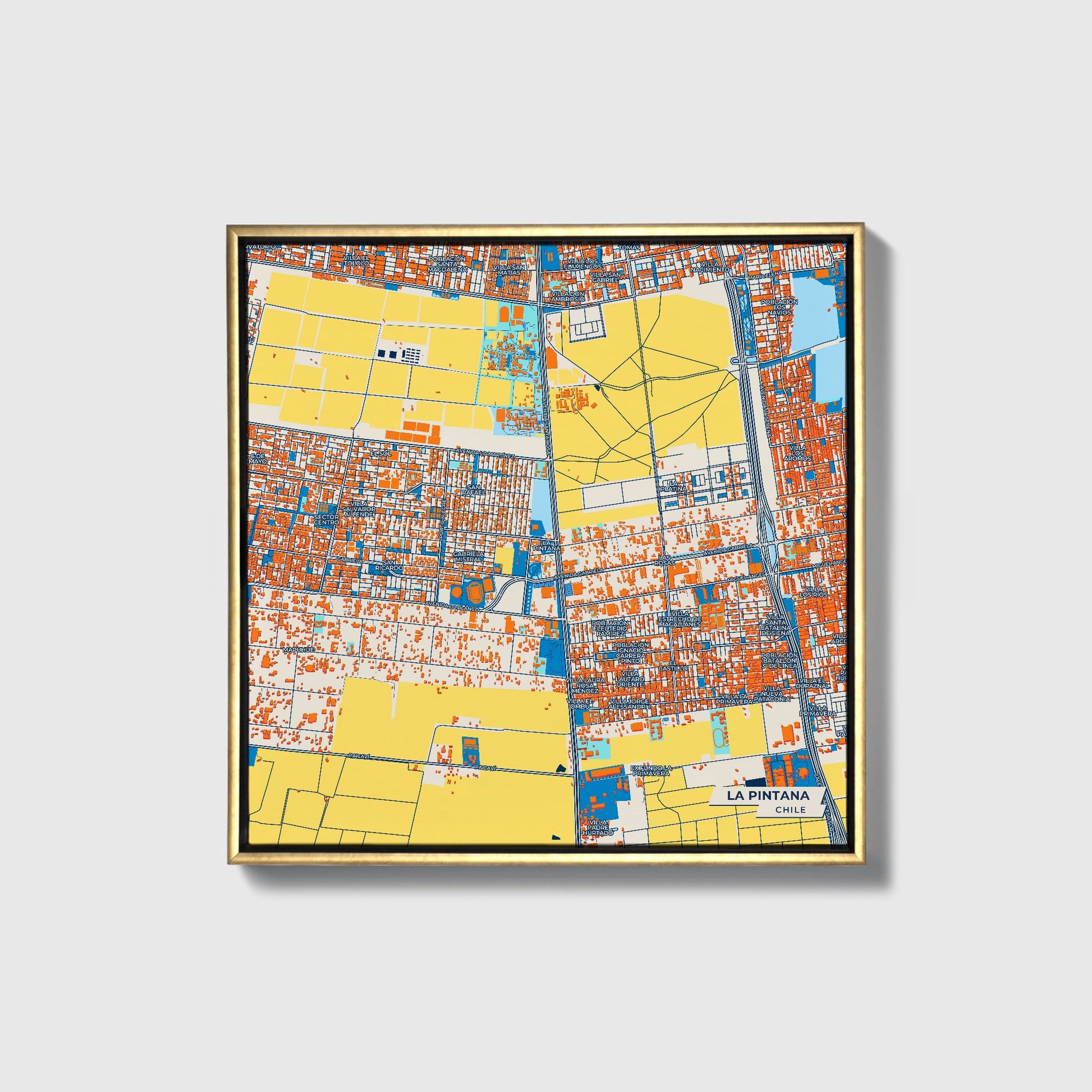 La Pintana Chile Colorful City Map Canvas Print • Gold Framed