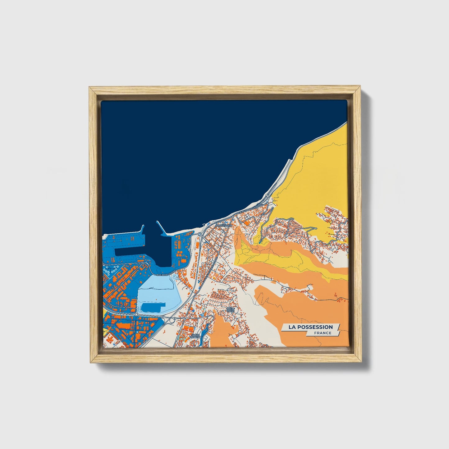 La Possession France Colorful City Map Canvas Print • Natural Wooden Framed