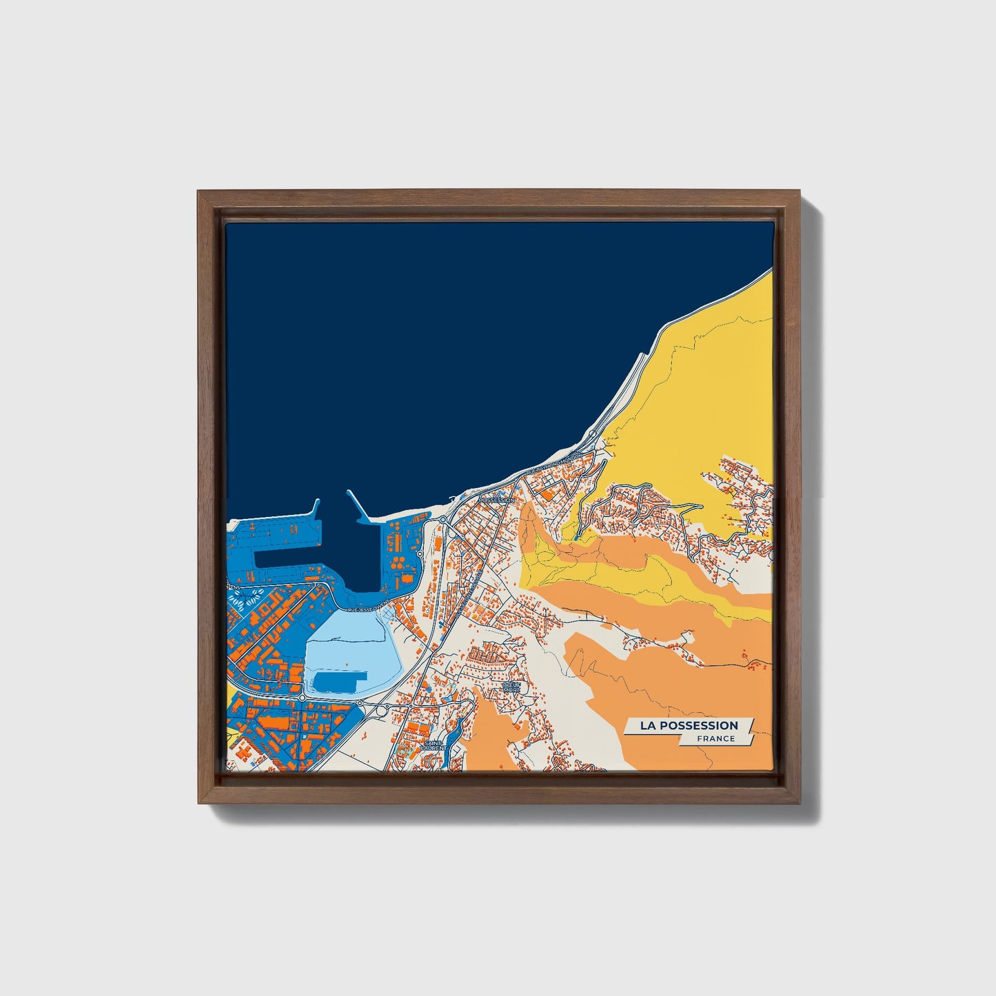 La Possession France Colorful City Map Canvas Print • Dark Wooden Framed