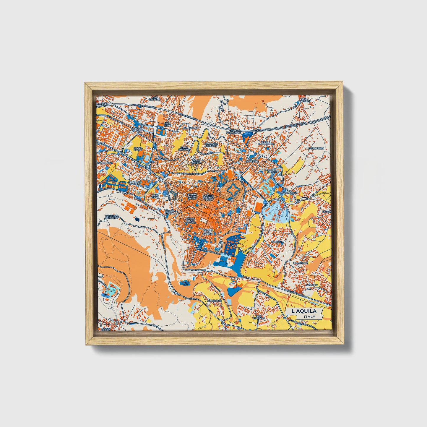 L Aquila Italy Colorful City Map Canvas Print • Natural Wooden Framed
