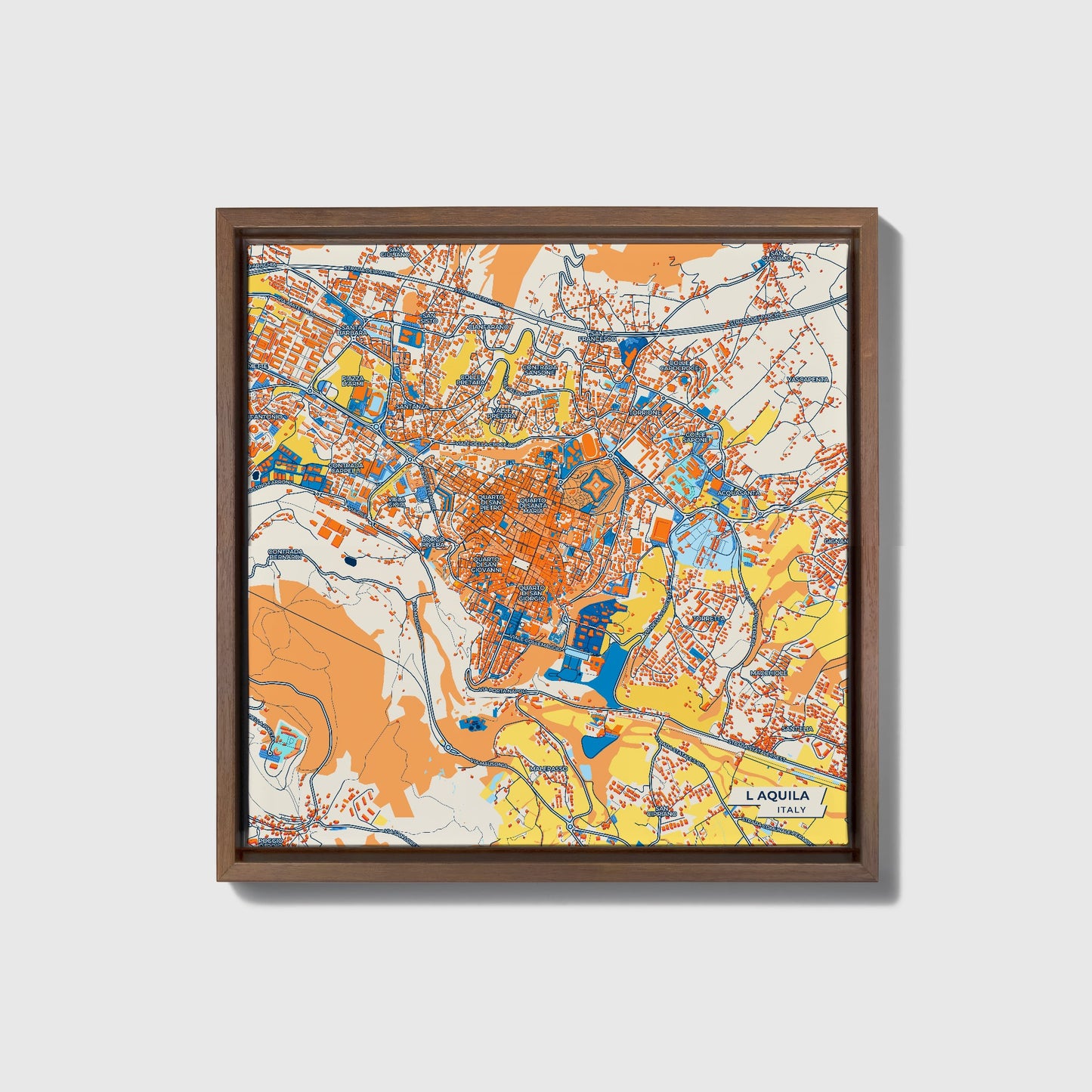 L Aquila Italy Colorful City Map Canvas Print • Dark Wooden Framed
