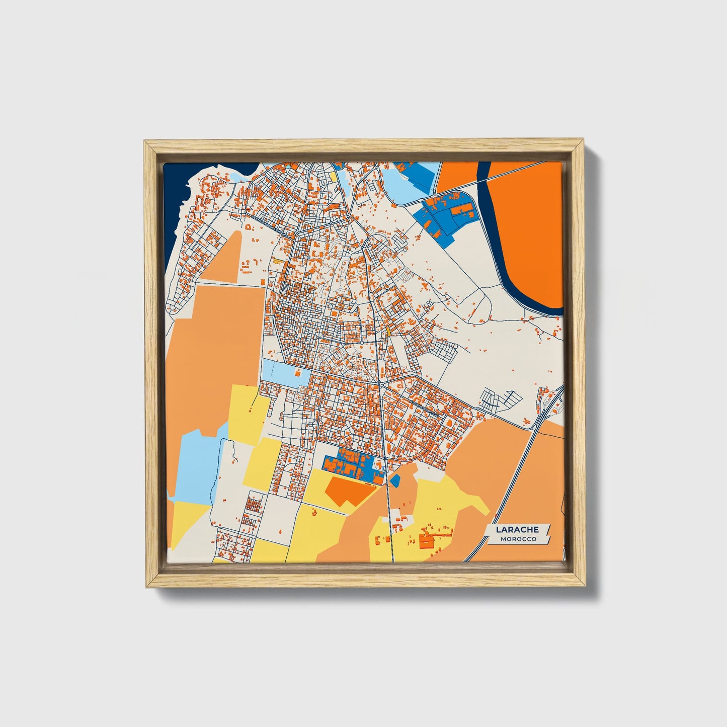 Larache Morocco Colorful City Map Canvas Print • Natural Wooden Framed