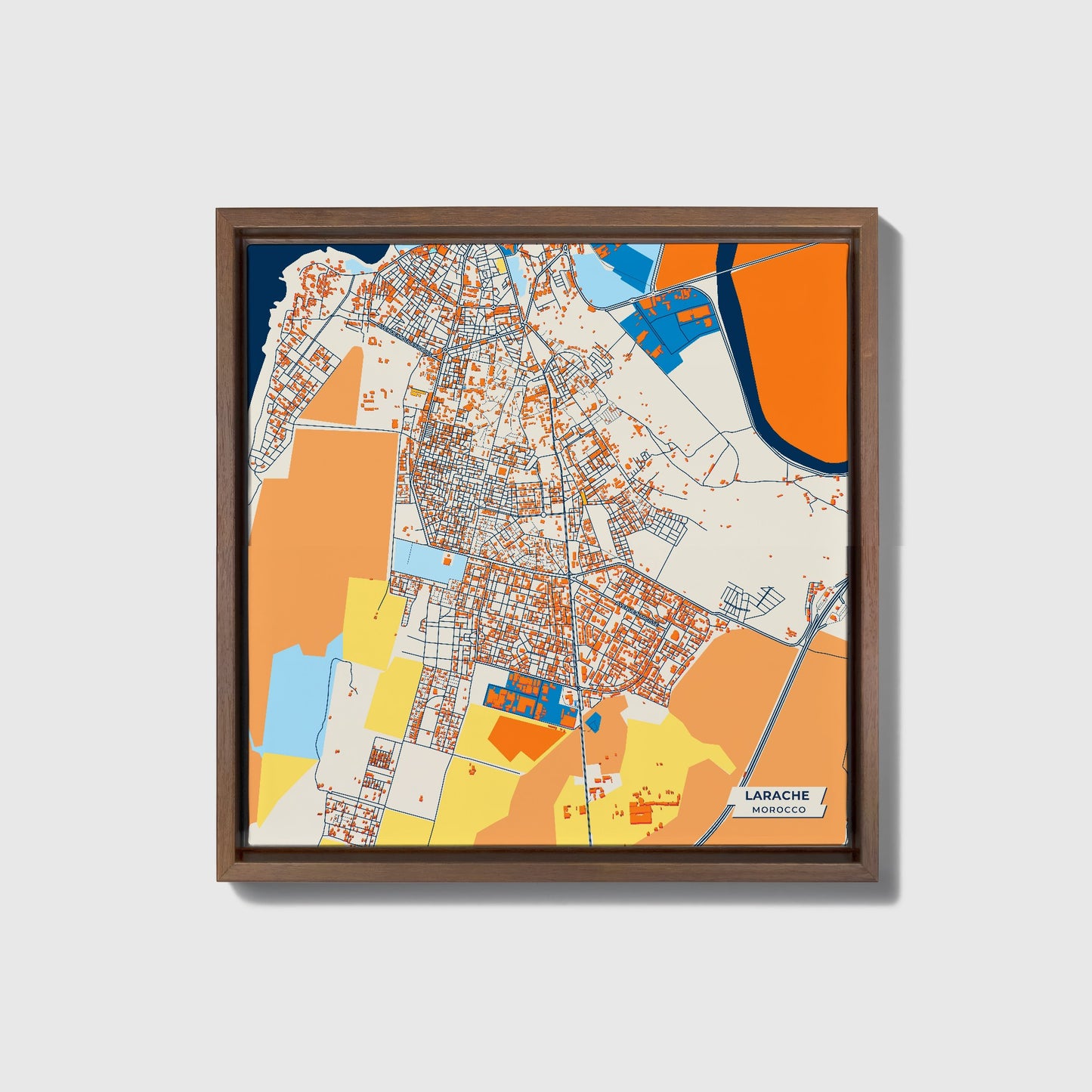 Larache Morocco Colorful City Map Canvas Print • Dark Wooden Framed