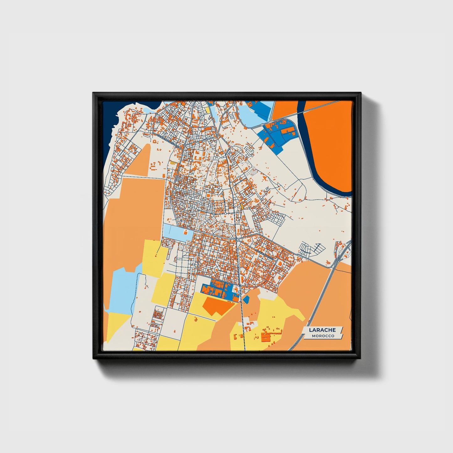 Larache Morocco Colorful City Map Canvas Print • Black Framed
