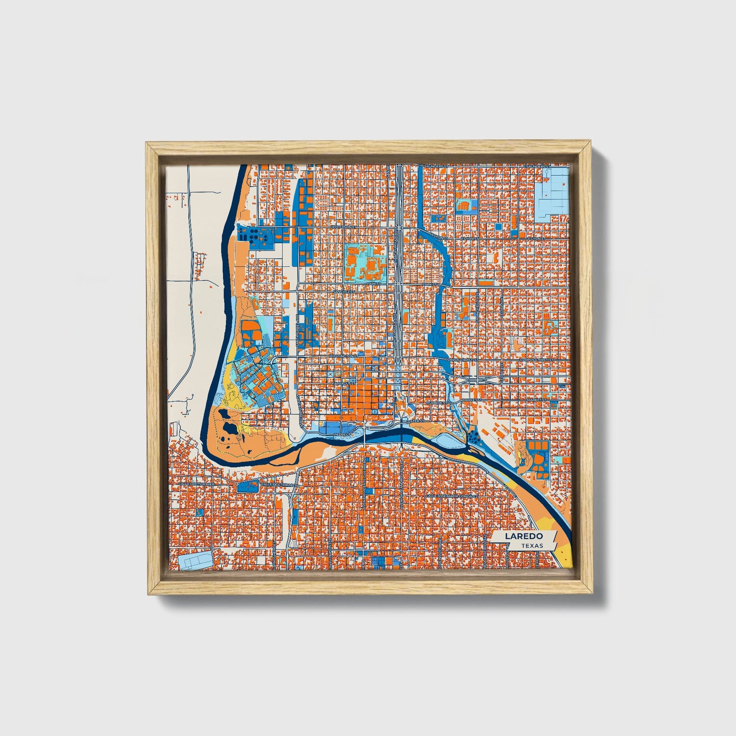 Laredo Texas Colorful City Map Canvas Print • Natural Wooden Framed