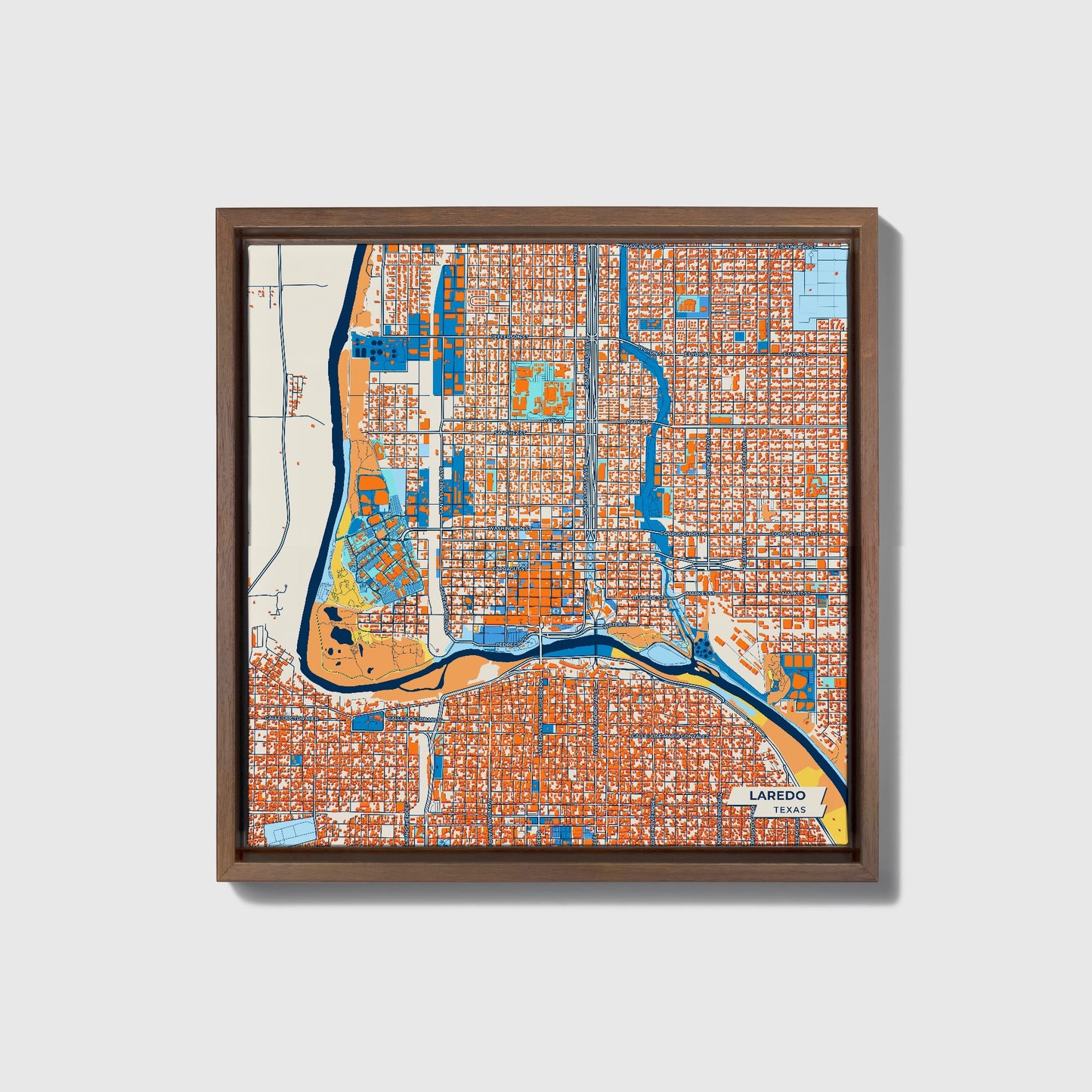 Laredo Texas Colorful City Map Canvas Print • Dark Wooden Framed