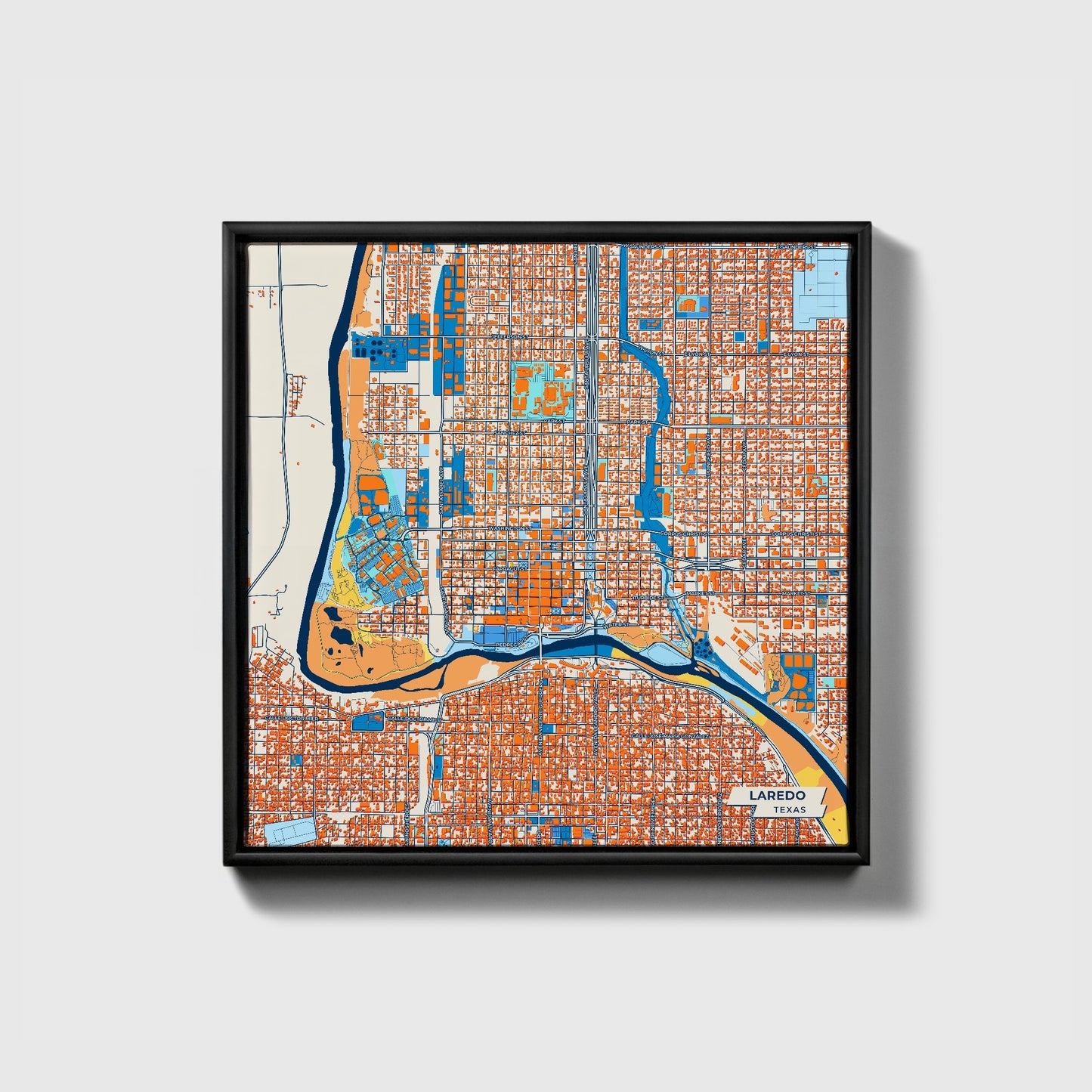 Laredo Texas Colorful City Map Canvas Print • Black Framed
