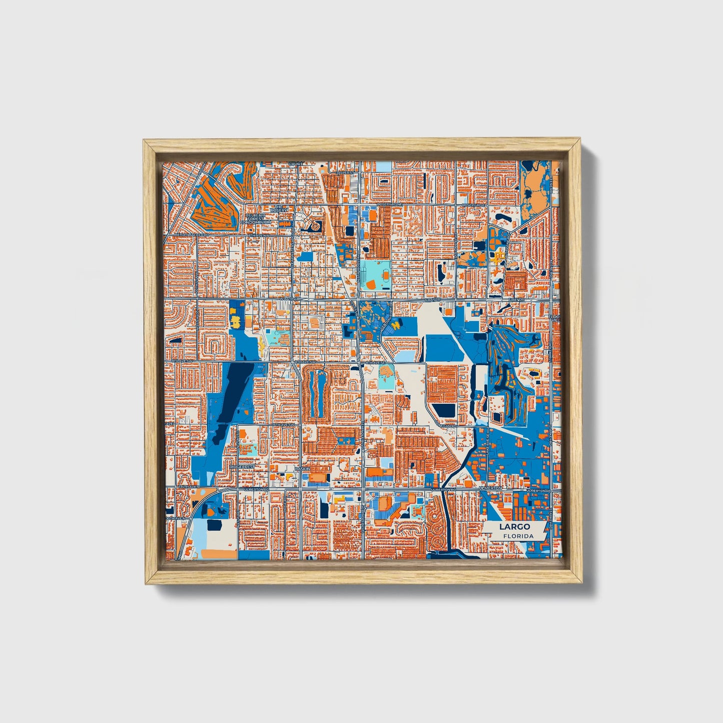 Largo Florida Colorful City Map Canvas Print • Natural Wooden Framed