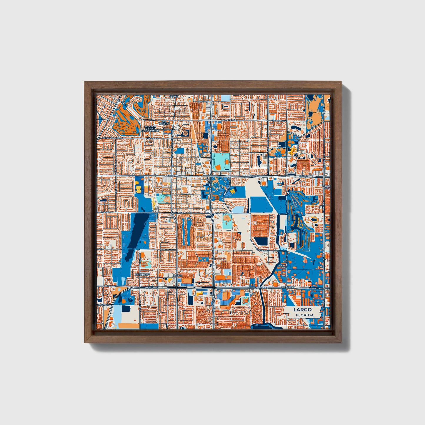 Largo Florida Colorful City Map Canvas Print • Dark Wooden Framed