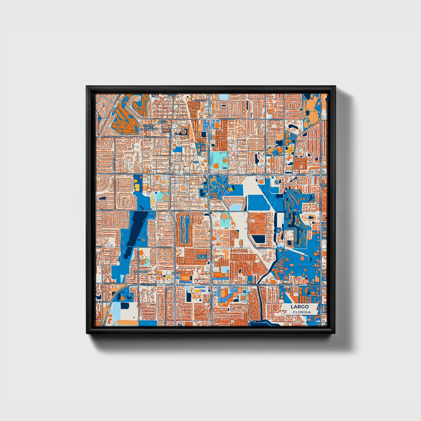 Largo Florida Colorful City Map Canvas Print • Black Framed